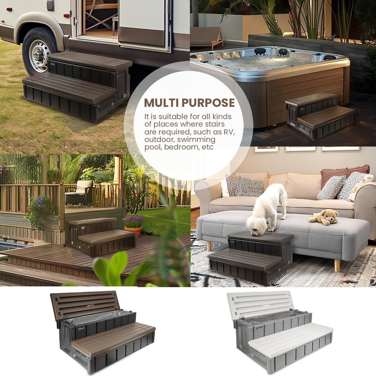 XtremepowerUS Universal Heavy Duty 2-Step Spa & Hot Tub Step Porch Steps with Large Storage Compartment Non-Slip Resistant Step Stairs 36' Inches Long Stool Pool Ladder, Grey