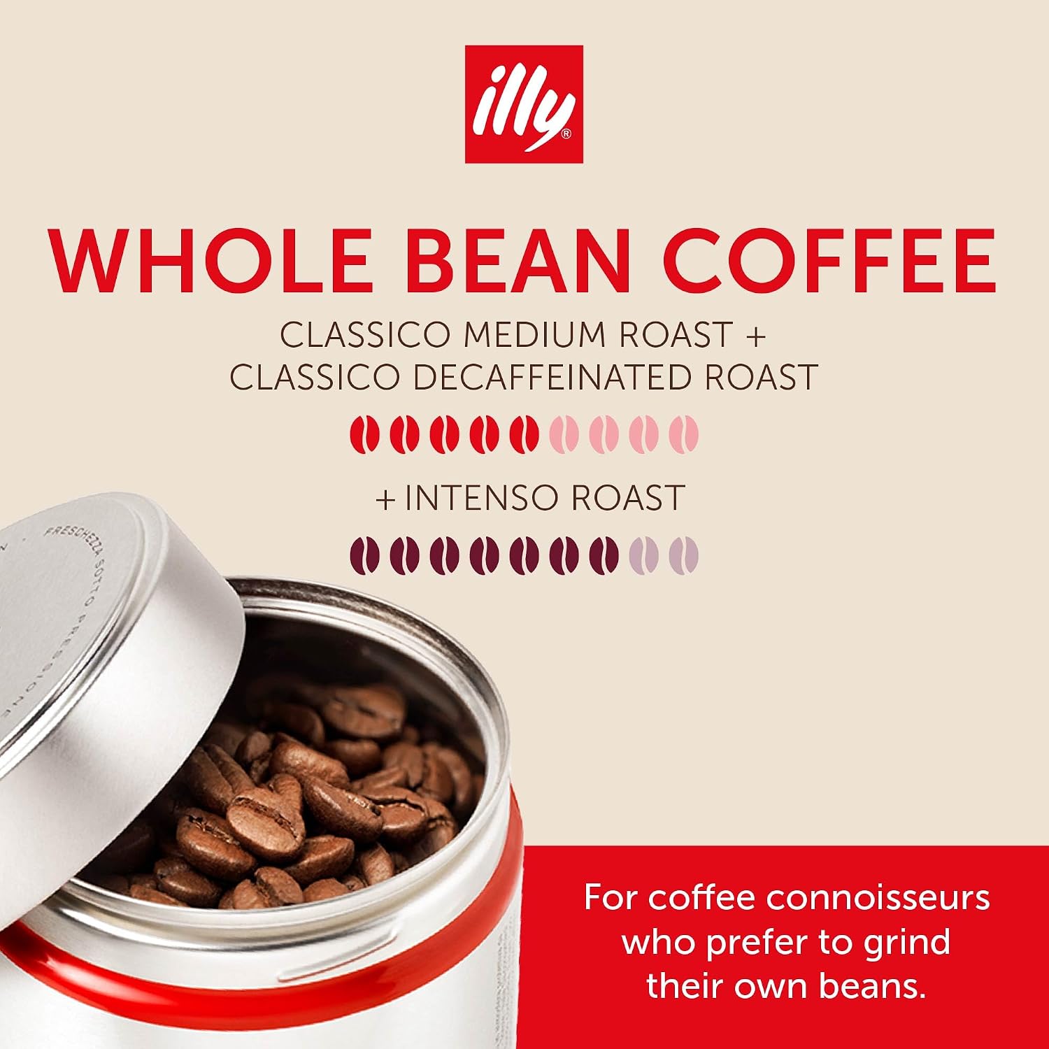 illy Whole Bean Coffee, Classico Medium, Decaffeinated and Intenso Bold Roasts, 100% Arabica, Premium Italian Coffee, Ideal for Espresso, Drip, Moka and French Press Brewing, 8.8oz, 12 Variety Pack