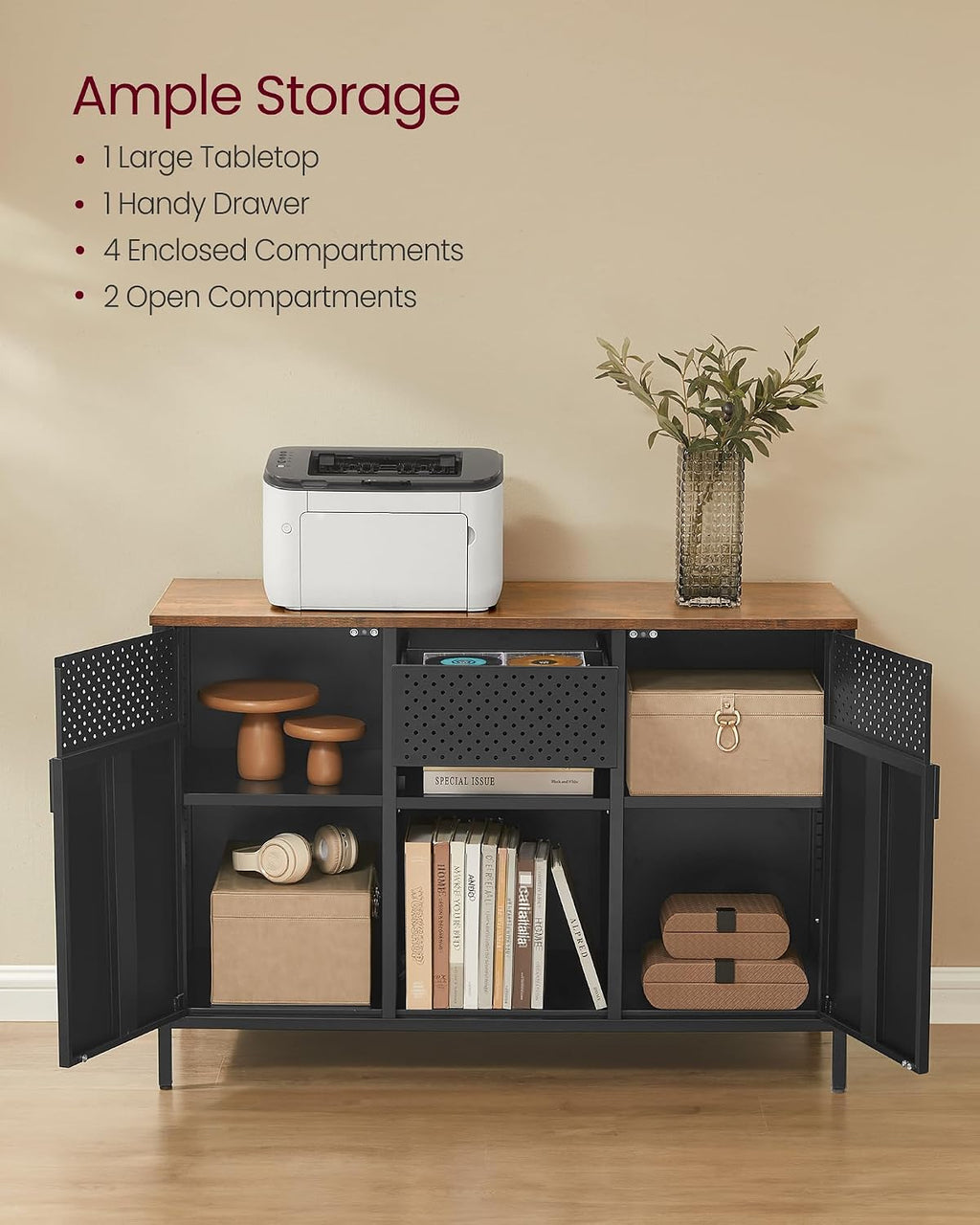 SONGMICS Storage Cabinet, Metal Cabinet, Sideboard with 2 Doors, 15.7 x 43.3 x 29.9 Inches, Magnetic Closure, Adjustable Shelves, Steel Frame, Rustic Brown and Matte Black ULSC204B01