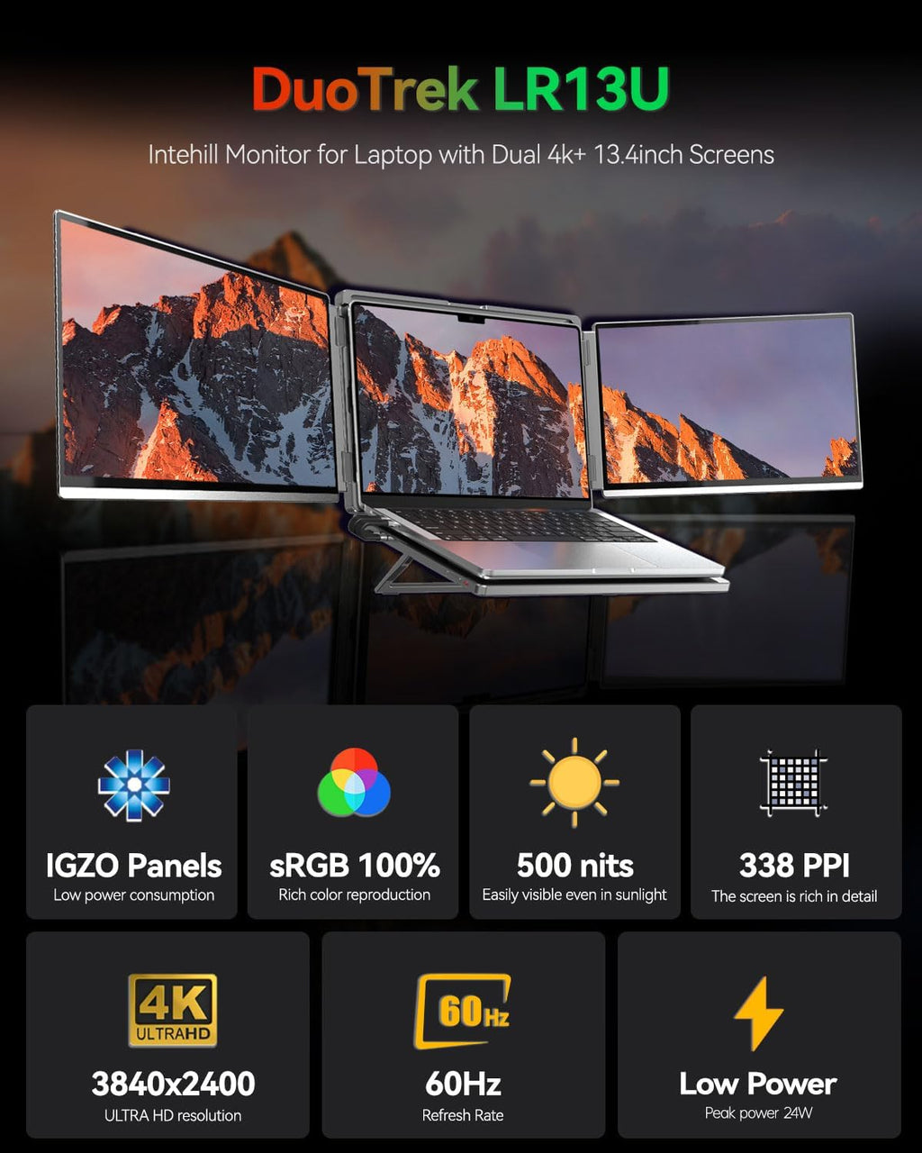 Intehill 4K Laptop Screen Extender, 13.4' Dual Screen Monitor for Laptop, 3840x2400 Anti-Glare Portable IGZO Display, 100% sRGB 500 Nits Brightness Foldable Plug-Play Portable Travel Monitor, LR13U