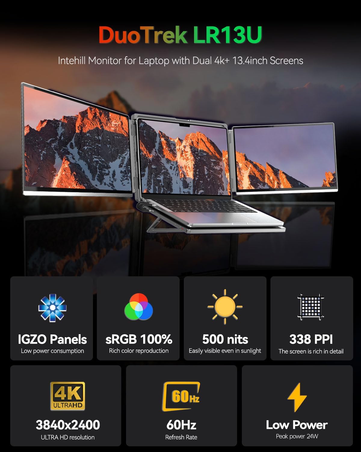 Intehill 4K Laptop Screen Extender, 13.4' Dual Screen Monitor for Laptop, 3840x2400 Anti-Glare Portable IGZO Display, 100% sRGB 500 Nits Brightness Foldable Plug-Play Portable Travel Monitor, LR13U