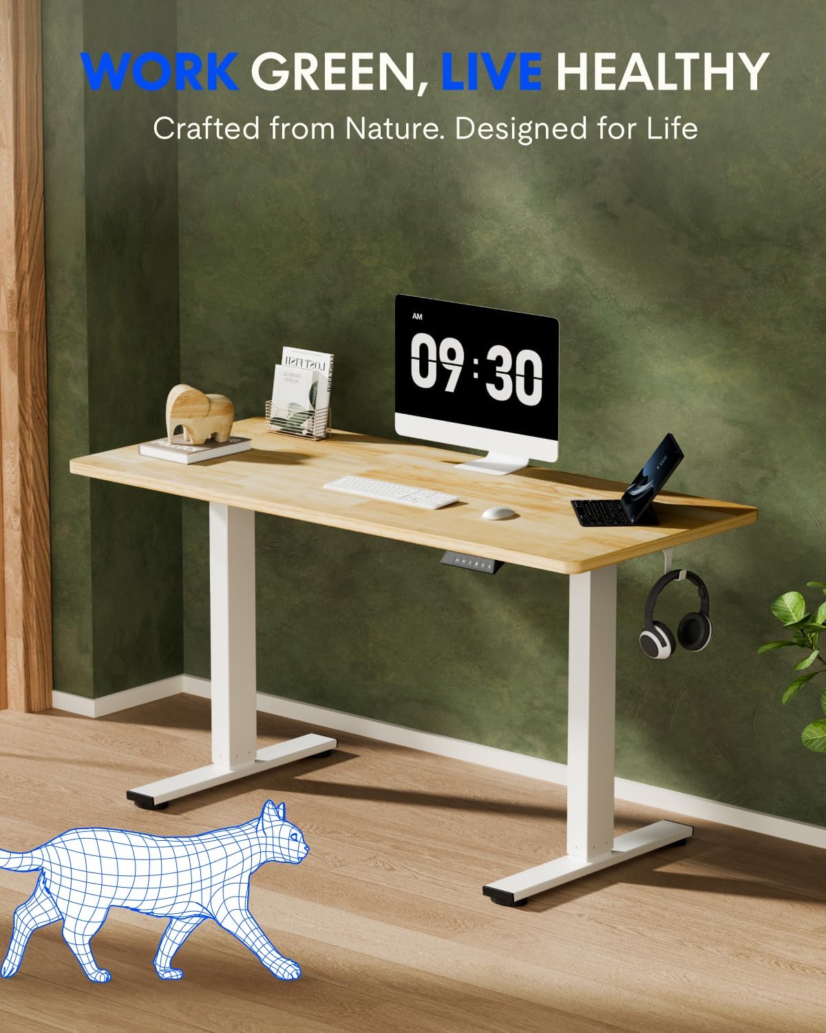 FLEXISPOT Solid Wood Standing Desk, One-Piece Real Wood Desktop, Electric Height Adjustable Desk for Home Office, 176 LBS Capacity (48'x24' Rubber Wood, White Frame)
