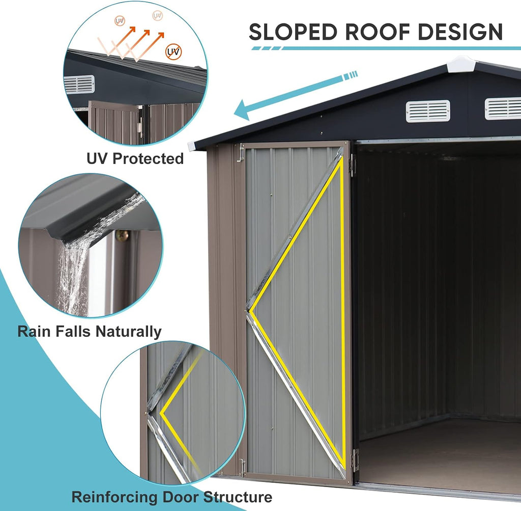 Verano Garden 8'x10' Outdoor Storage Shed, Large Galvanized Steel Metal Garden Shed, Double Door W/Lock, Outdoor Storage House for Backyard, Patio, Lawn(113.78'x88.58'x77.17')