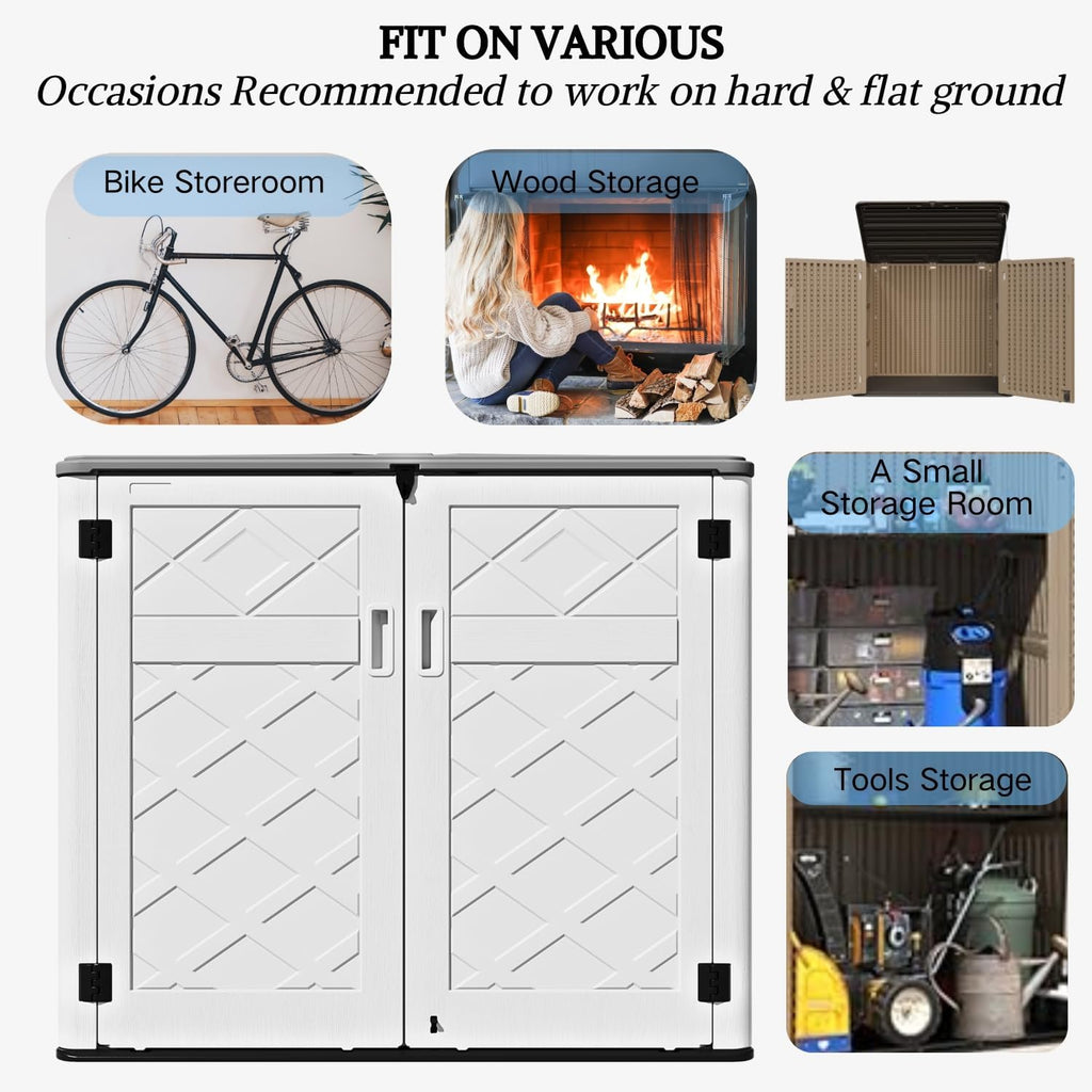 ZZM Large Outdoor Storage Shed, 48 Cu Ft Resin Versatile Storage Cabinet for Patio Accessories, Trash Cans & Garden Tools, Durable Horizontal Storage Box with Lockable Lid (White)