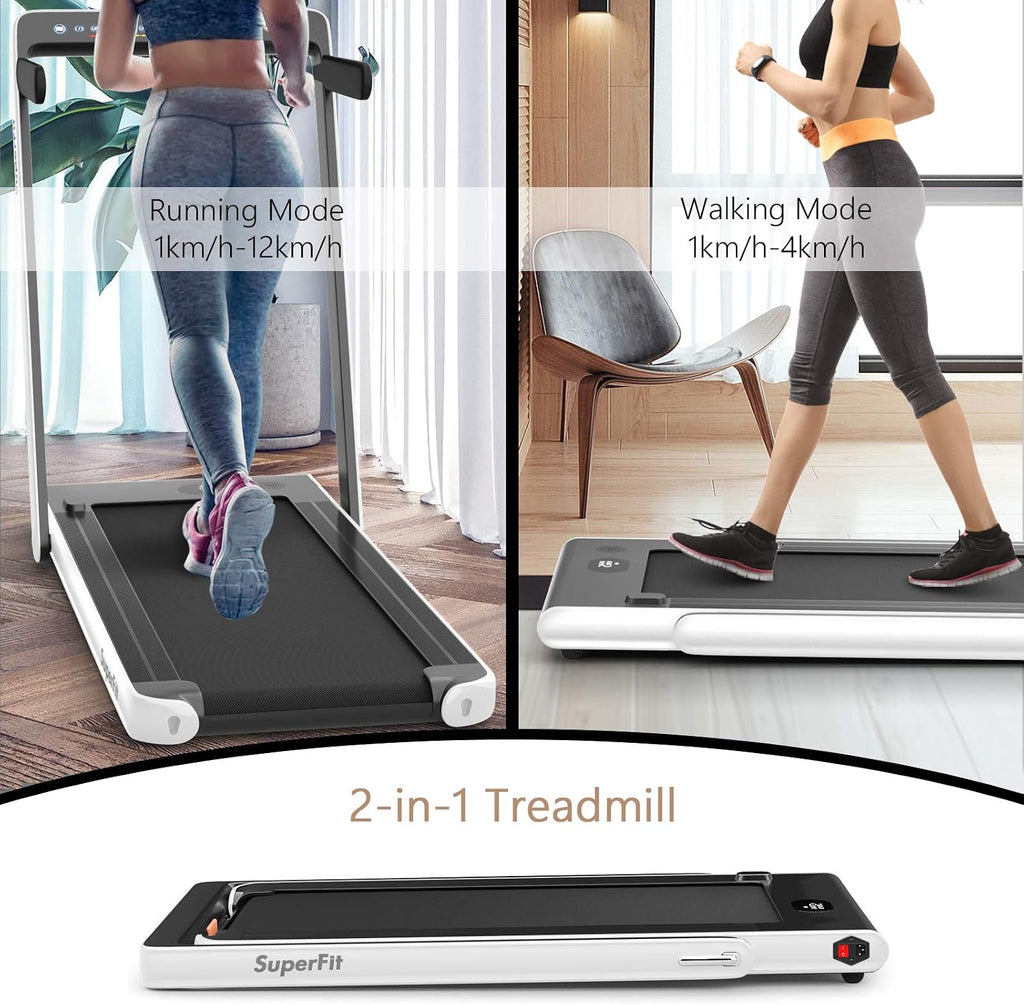 Goplus 2 in 1 Folding Treadmill with Dual Display, 2.25HP Superfit Under Desk Electric Pad Treadmill, Installation-Free, Blue Tooth Speaker, APP Control, Remote Control, Walking Jogging for Home