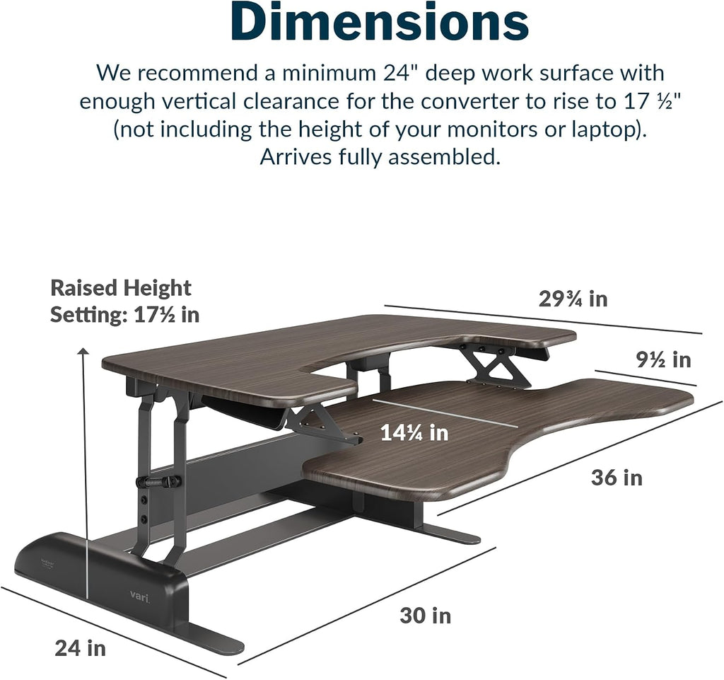 Vari Varidesk Pro Plus 36 Standing Desk Converter for Home Office – 11 Height Settings + Spring-Loader Lift, 2 Tier Design with Keyboard Tray, Fits Tables 26.5' Deep – Fully Assembled (Espresso)