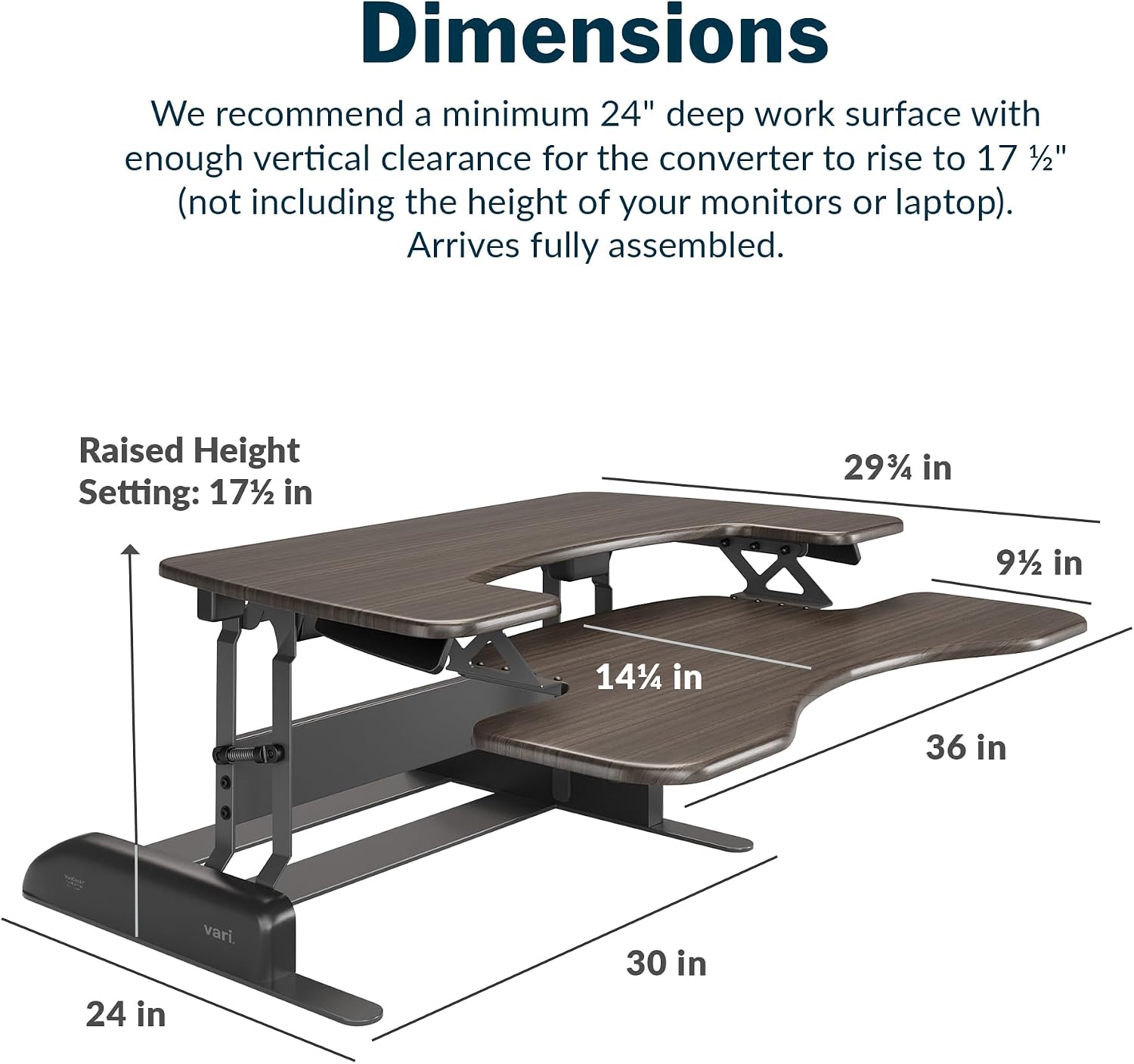 Vari Varidesk Pro Plus 36 Standing Desk Converter for Home Office – 11 Height Settings + Spring-Loader Lift, 2 Tier Design with Keyboard Tray, Fits Tables 26.5' Deep – Fully Assembled (Espresso)