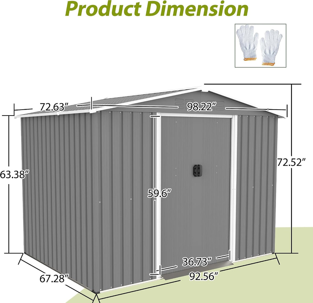 8x6 ft Outdoor Metal Storage Shed with Sliding Door, Heavy-Duty Weather Resistant Steel Garden Shed with Floor Base Kit Included