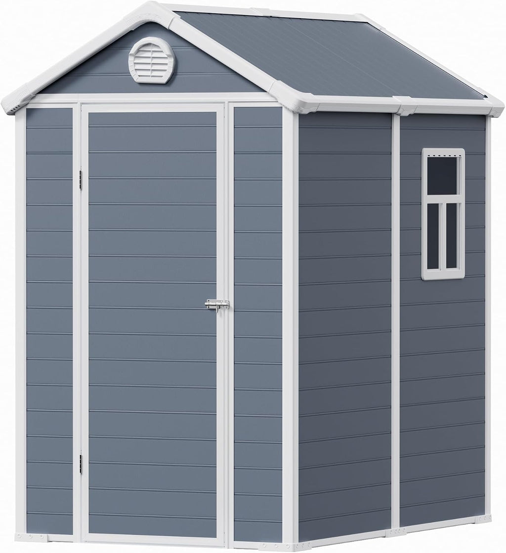 6x4.5 FT Plastic Sheds & Outdoor Storage, UV Resistant Storage Sheds Outdoor with Floor and Window, All-Weather Garden Resin Tool Shed for for Garden，Patio，and Utility Storage（Dark Gray）