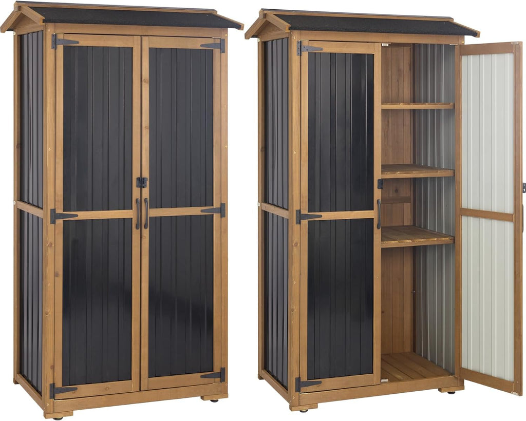 Storage Cabinet Outdoor Garage Cabinets with 3 Adjustable Shelves, Lockable Door, Wood & Metal Weather-Resistant Pantry Cabinet for Patio Garden Home Farm (33.3' Lx 21' Wx 69' H)
