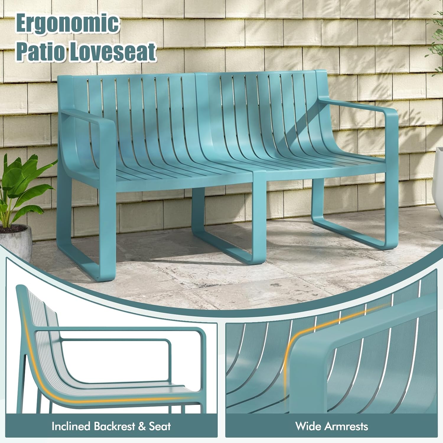 Tangkula 3-Piece Patio Furniture Set, Outdoor Conversation Set w/1 Loveseat & 2 Side Tables, All-Weather Patio Bistro Set for Lawn, Backyard, Poolside, Balcony, Garden, Deck, Blue
