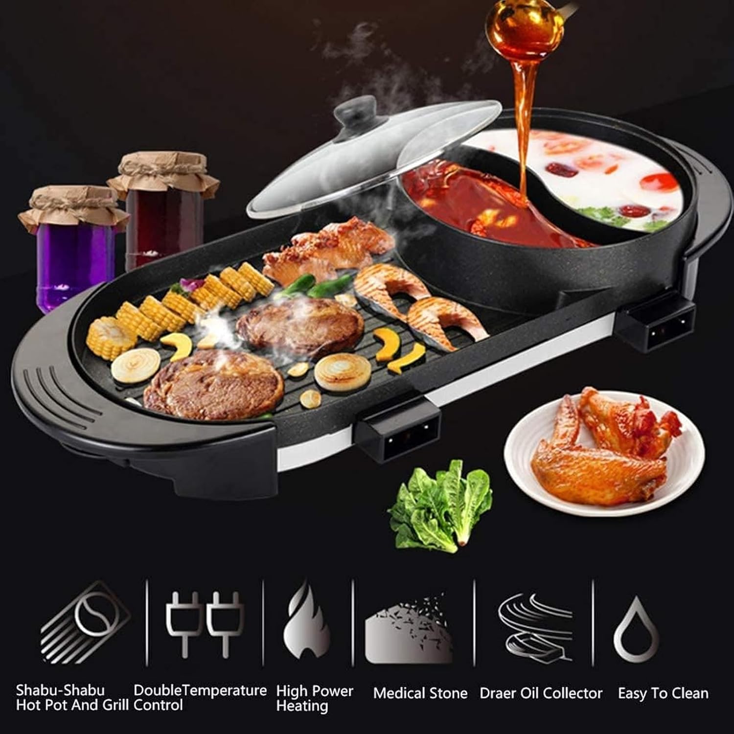 Electric 2 in 1 Grill Indoor Hot Pot Multifunctional Teppanyaki Grill/Shabu Shabu Pot Smokeless with 5 Level Temperature for Family Gathering, Party Indoor/Outdoor