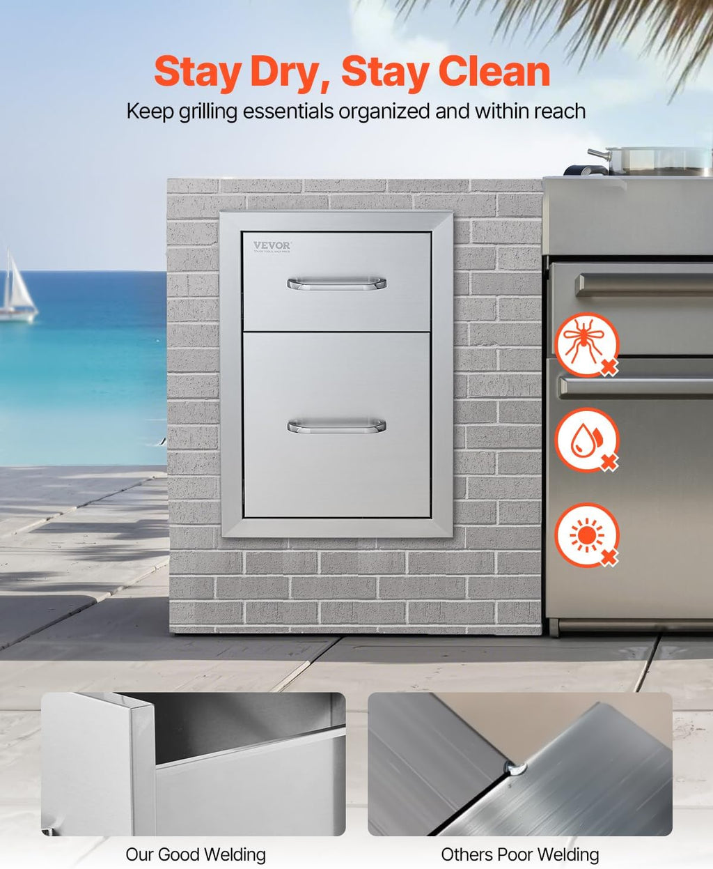 VEVOR Outdoor Kitchen Drawers 13' W x 20.5' H x 21' D, Flush Mount Double BBQ Access Drawers with Stainless Steel Handle, BBQ Island for Outdoor Kitchens or Patio Grill Station