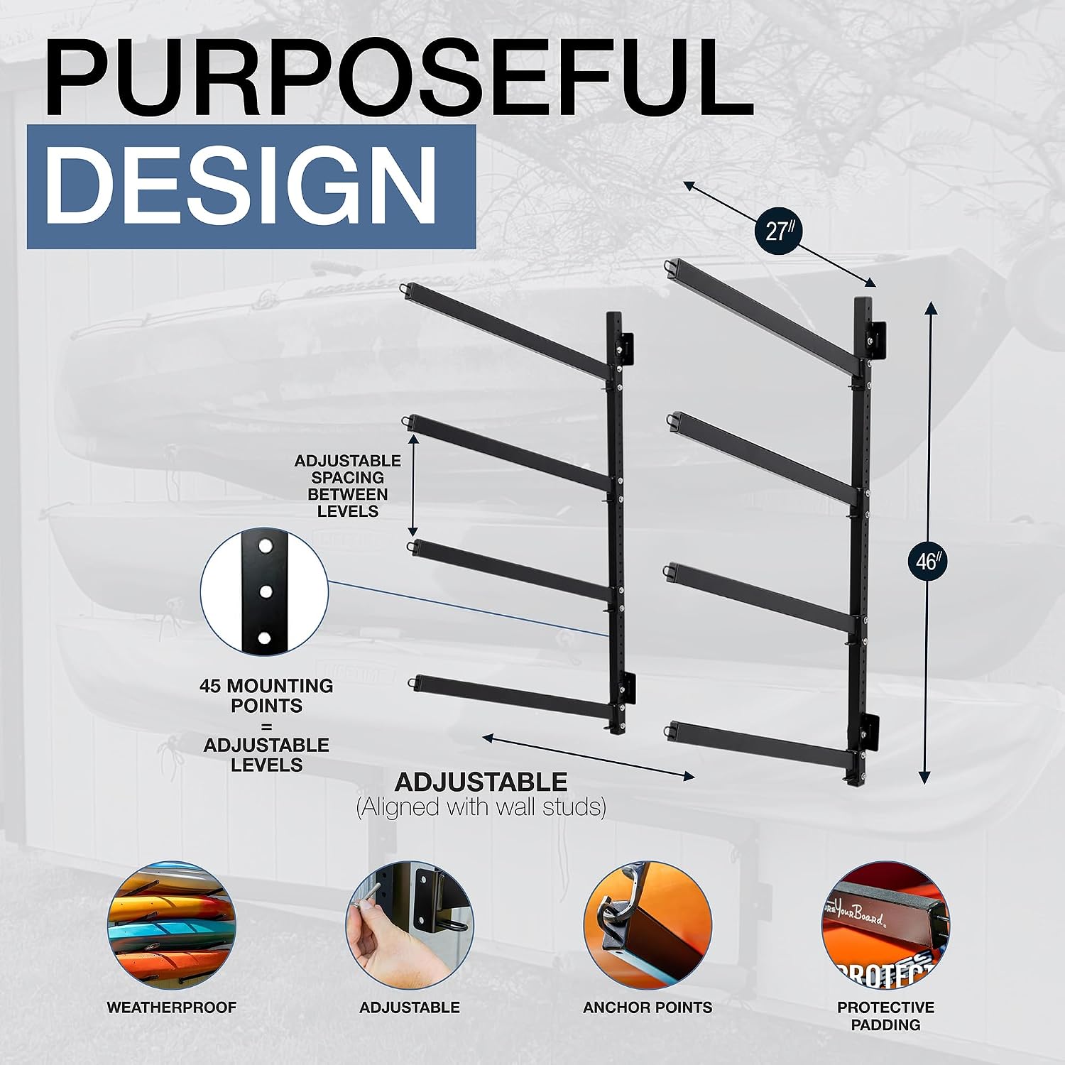 StoreYourBoard G-Kayak Wall Rack – Heavy-Duty Outdoor Kayak Rack for 4 Boats, Adjustable Storage Wall Mount Hanger, Space-Saving Outdoor Storage for Kayak Wall Mount - Holds 400 lbs - Silver