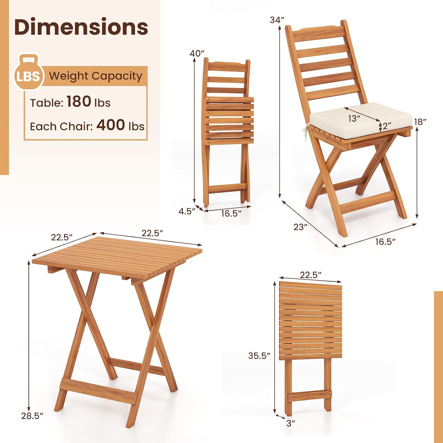 HAPPYGRILL 3-Piece Folding Bistro Set Acacia Wood Patio Furniture Set with Seat Cushions, Outdoor Square Table and Chairs Set of 2 for Backyard, Balcony, Porch, Garden (Back Style A)