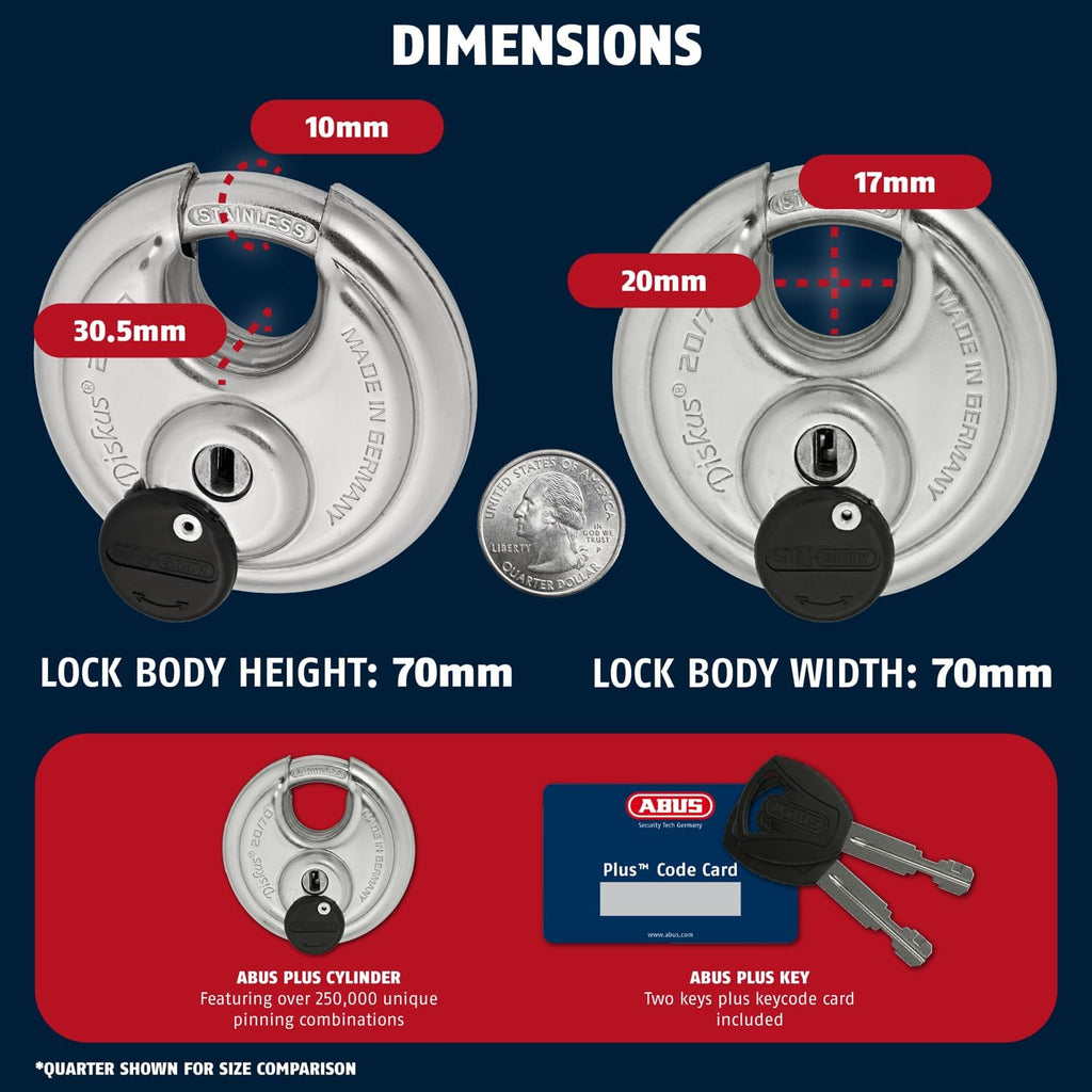 ABUS - Diskus 20/70 Padlock with Key - 6 Pack (2.75') 70mm - Heavy Duty Stainless Steel - Cut, Rust & Drill Resistant - Storage & Outdoor - Pad Lock with 2 Keys (Keyed Different) - Home Security