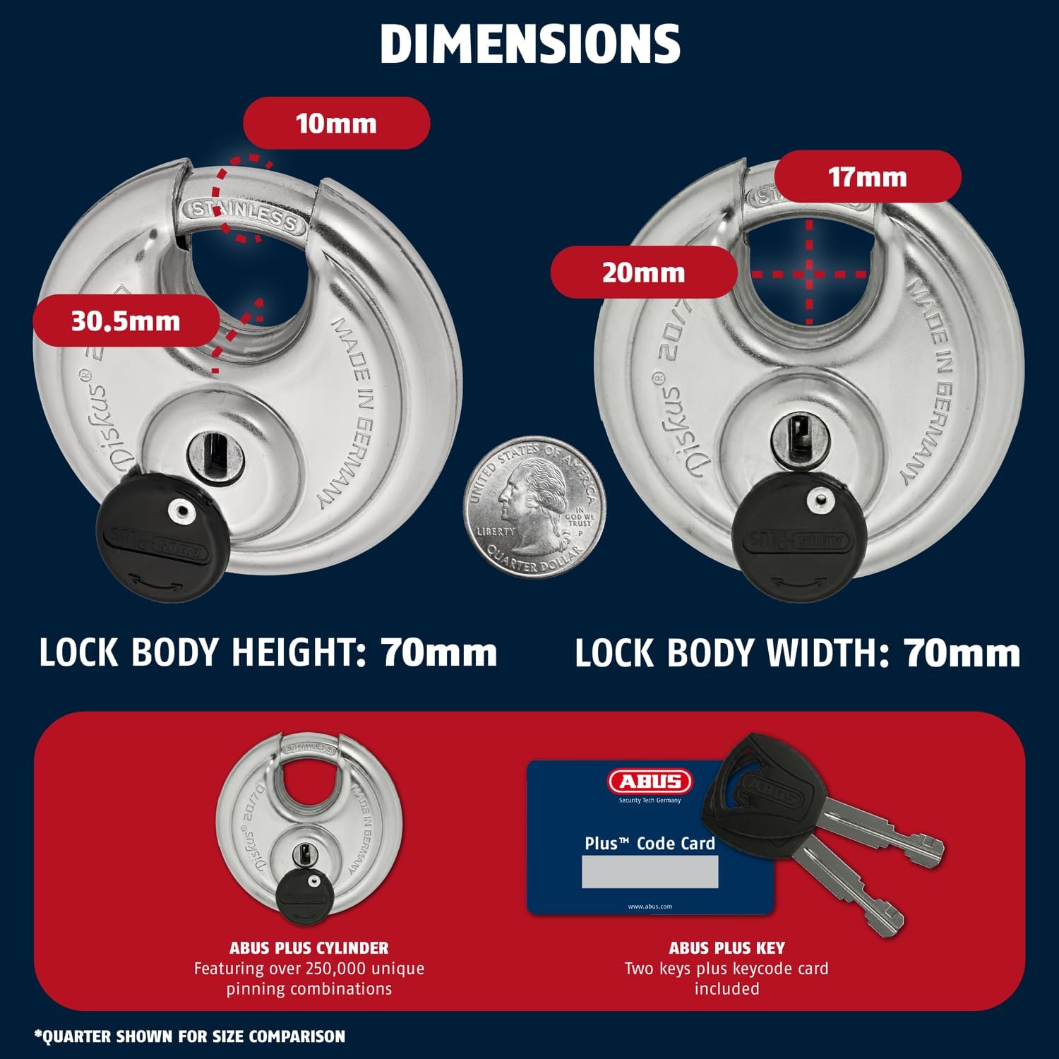 ABUS - Diskus 20/70 Padlock with Key - 6 Pack (2.75') 70mm - Heavy Duty Stainless Steel - Cut, Rust & Drill Resistant - Storage & Outdoor - Pad Lock with 2 Keys (Keyed Different) - Home Security