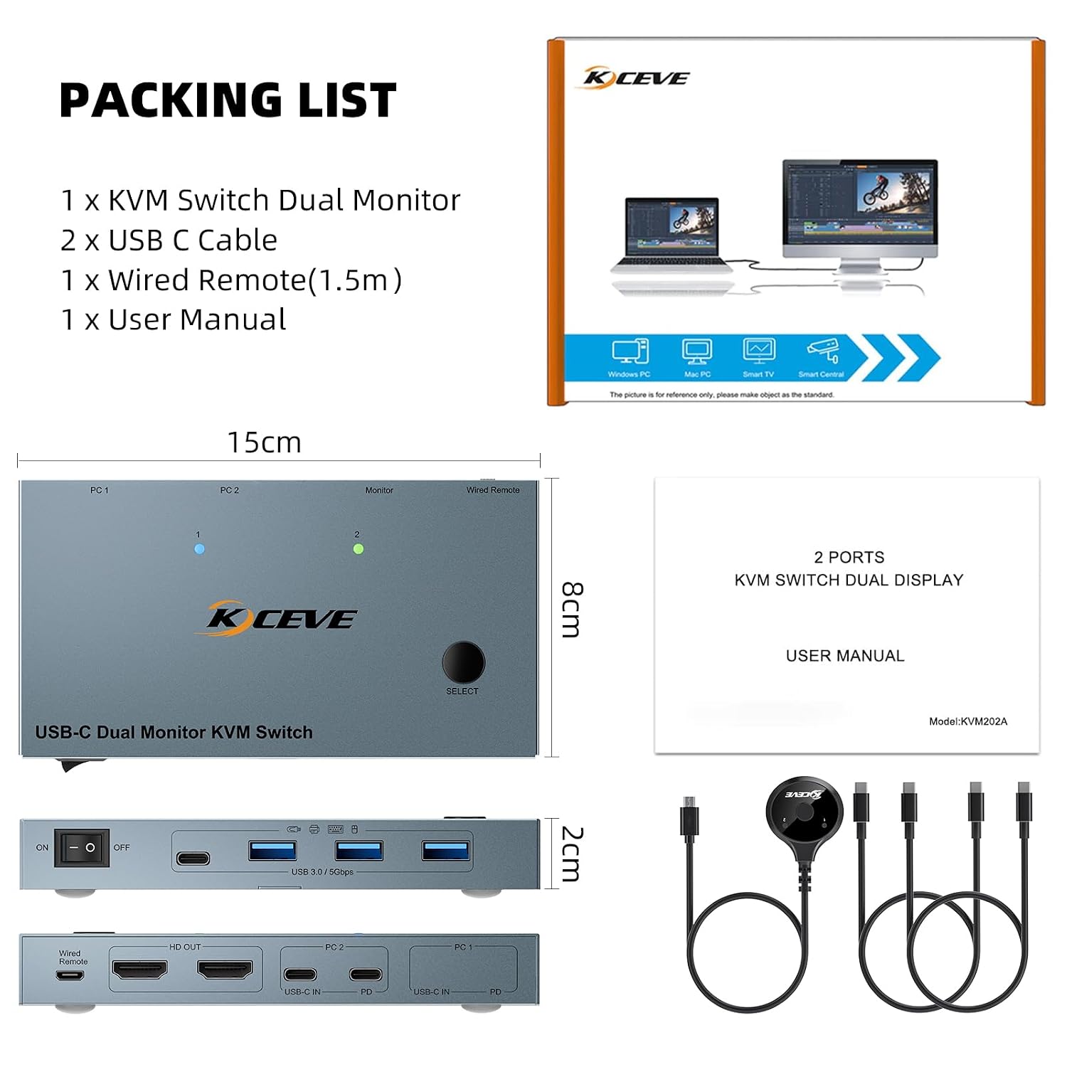KCEVE KVM Switch 2 Monitors 2 Computers USB C, KVM Switch USB-C for 2 Laptops Sharing 2 Monitors and 4 USB3.0 Devices, 4K@60Hz, 100W PD, MST, Wired Remote(4K USBC HDMI 2 in 2 Out KVM)