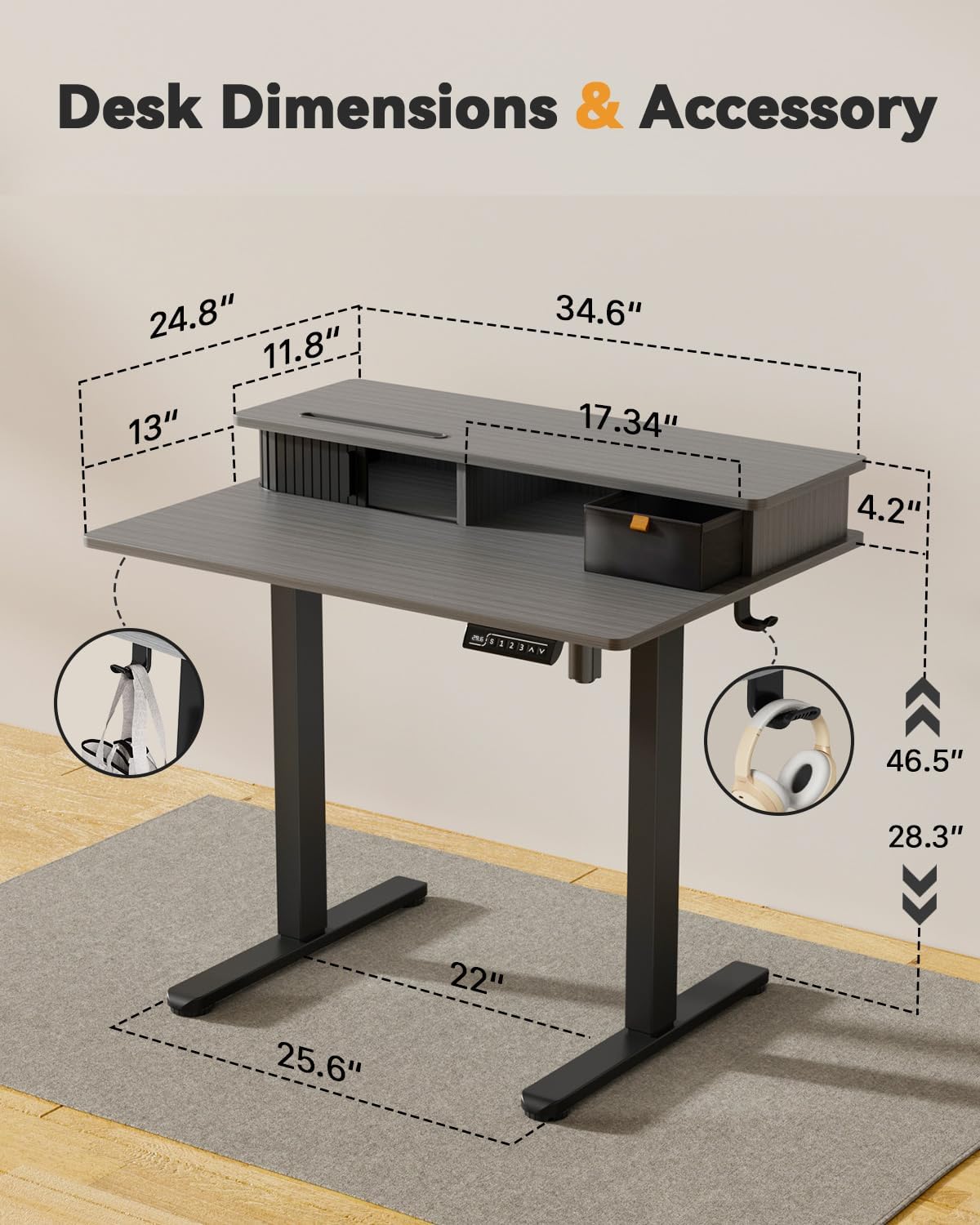 JOY worker Small Electric Standing Desk, 35' x 25' Height Adjustable Table with Built-in Monitor Stand & Storage Drawer, Grey Sit Stand Desk with 2 Hooks for Home Office