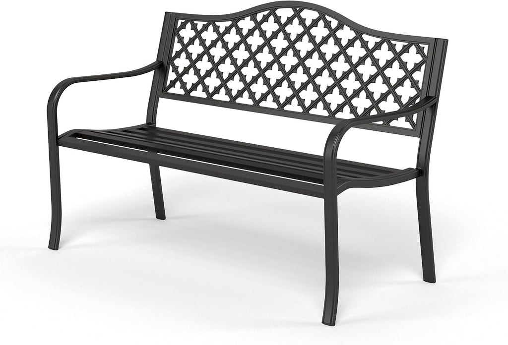 Sophia & William Outdoor Bench, 50 inches Metal Garden Bench, Cast Iron Park Benches for Outside with Floral Backrest and Straight Legs for Porch Yard Lawn Deck,Black