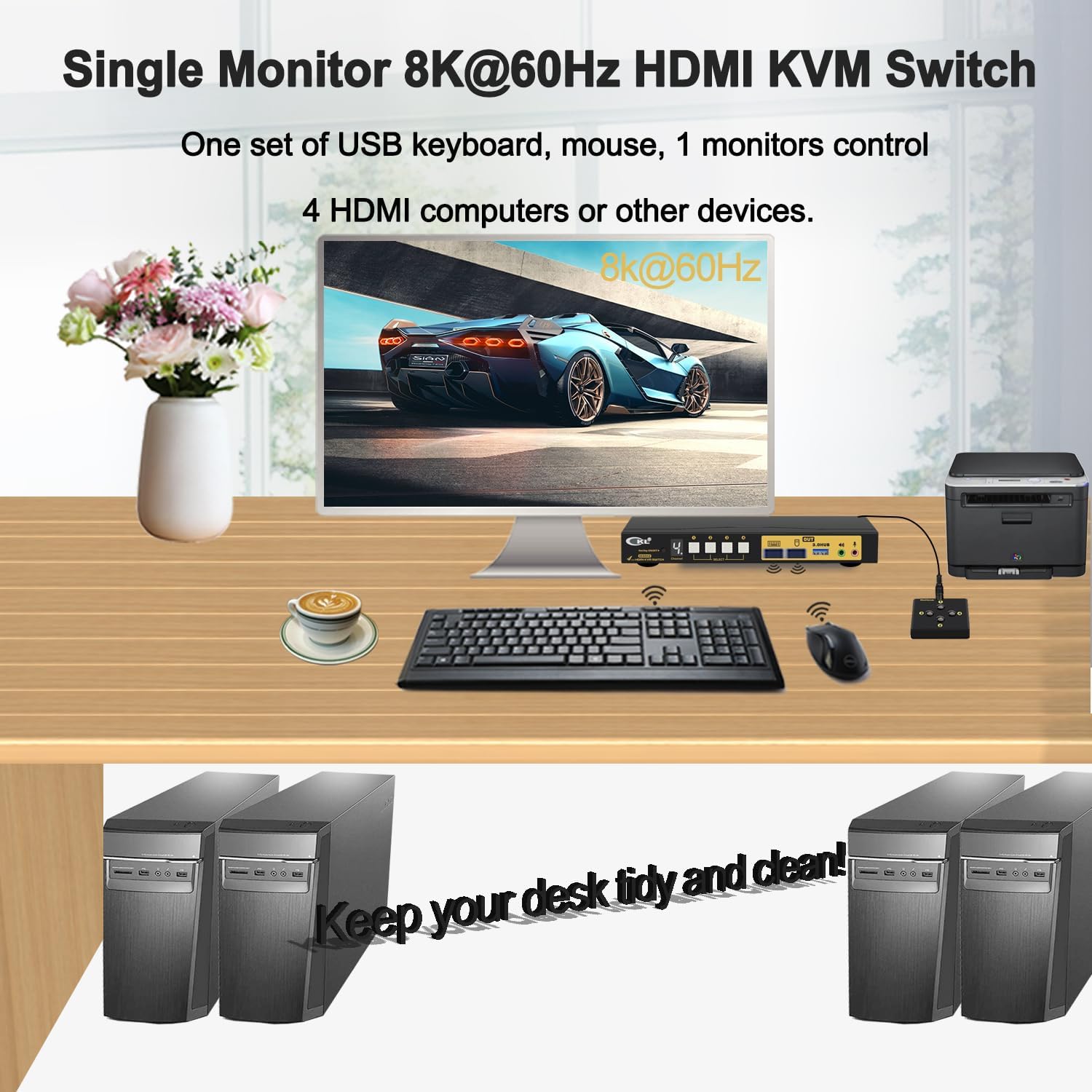 CKL 8K HDMI 2.1 KVM Switch (4 Computers 1 Monitor with EDID)