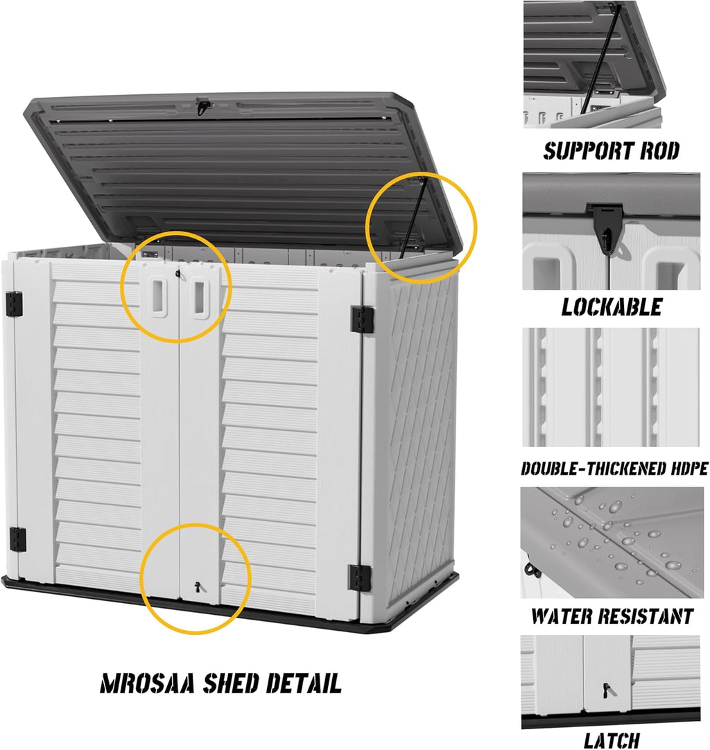 Mrosaa Outdoor Patio Storage Shed,Waterproof Horizontal Outdoor Storage Cabinet for Garbage Cans,Tools and Lawnmower Lockable(34 Cu.ft-Warm-White)