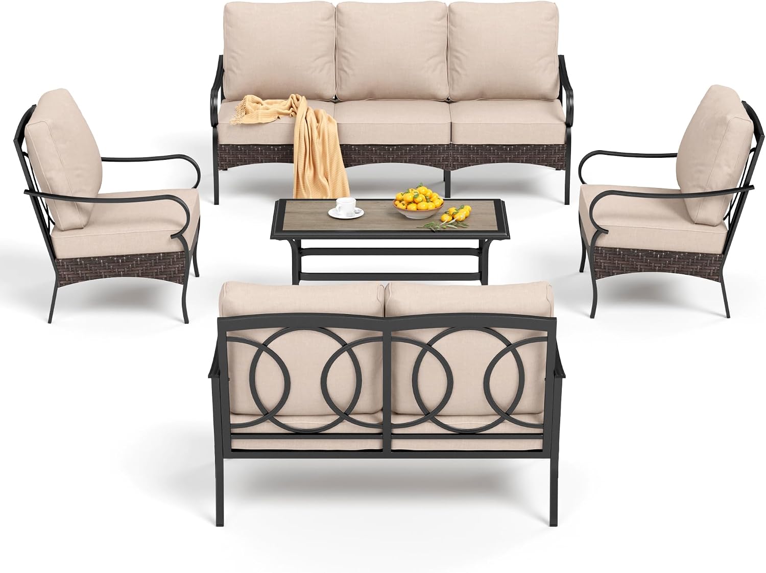 PHI VILLA Outdoor Modern Patio Furniture Set, Upgraded Wicker & Metal Patio Conversation Set with Waterproof Thick Cushions for Porch, Poolside, Yard (5 Pieces,Beige)