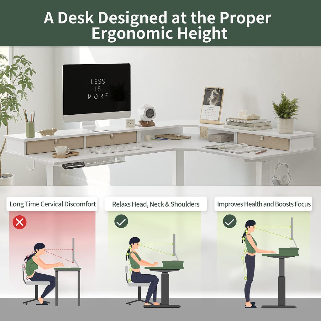 FEZIBO 63' Triple Motor L Shaped Standing Desk with 3 Drawers, 330LBS Electric Standing Gaming Office Desk L Shape, Pure White