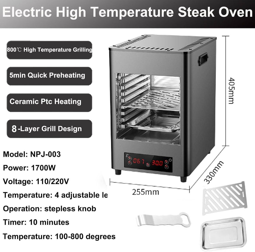 Electric Steak Grill Indoor, 1700w Steak Broiler Automatic Steak Smoker Grill With Gloves/Baking Tray,800℃ Adjustable Temperature & 10min Timer For Beef Chicken Vegetables,A
