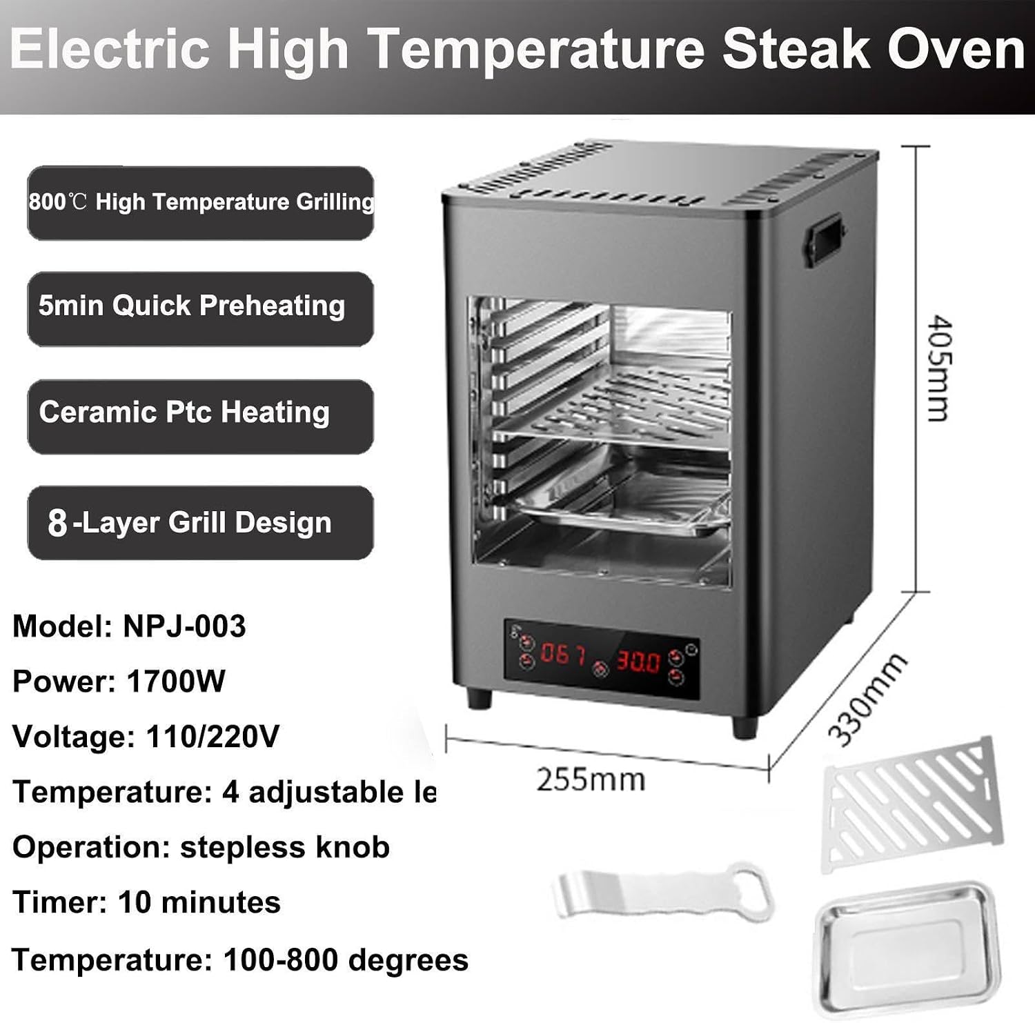 Electric Steak Grill Indoor, 1700w Steak Broiler Automatic Steak Smoker Grill With Gloves/Baking Tray,800℃ Adjustable Temperature & 10min Timer For Beef Chicken Vegetables,A