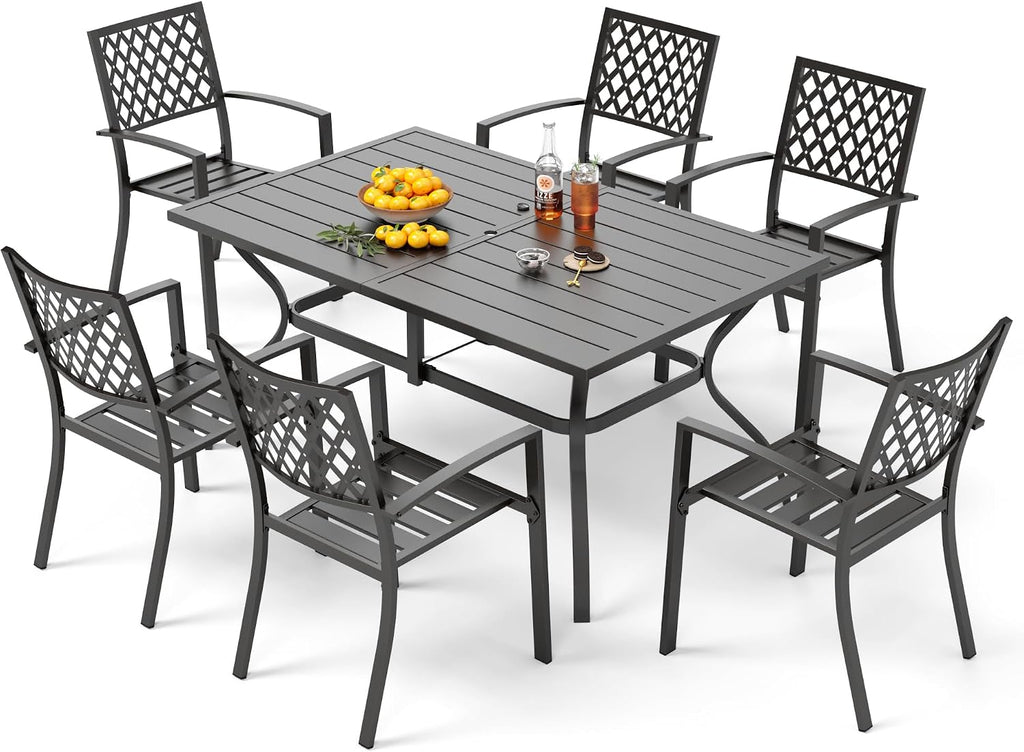 PHI VILLA 7 Pieces Outdoor Dining Set for 6, 60' Rectangular Metal Table with Umbrella Hole & Stackable Black Wrought Iron Chairs, Large Outside Furniture for Patio, Deck, Backyard, Porch