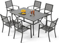 PHI VILLA 7 Pieces Outdoor Dining Set for 6, 60' Rectangular Metal Table with Umbrella Hole & Stackable Black Wrought Iron Chairs, Large Outside Furniture for Patio, Deck, Backyard, Porch