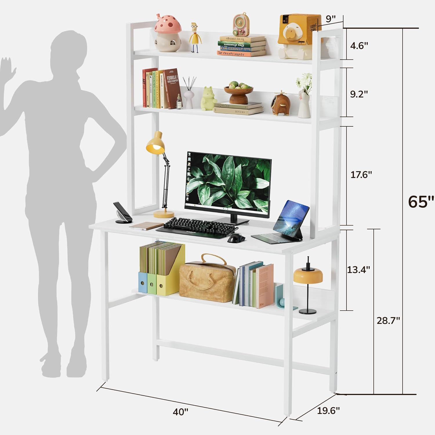 Aquzee Computer Desk with Hutch, 40'W x 19.6' D Desk with Shelves, Tall Home Office Desk with Bookshelf, Metal Legs Study Table with Upper Storage Shelf for Study Writing/Workstation, White