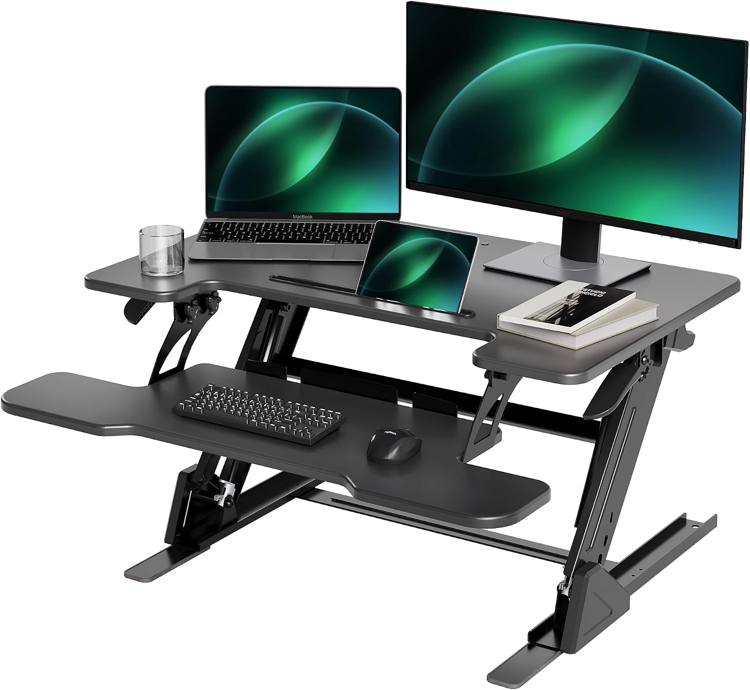 Claiks Standing Desk Converter 32 inch, Height Adjustable Sit Stand Up Desk Riser, Quick Sit to Stand Tabletop Dual Monitor Riser Workstation for Home Office with Keyboard Tray, Black