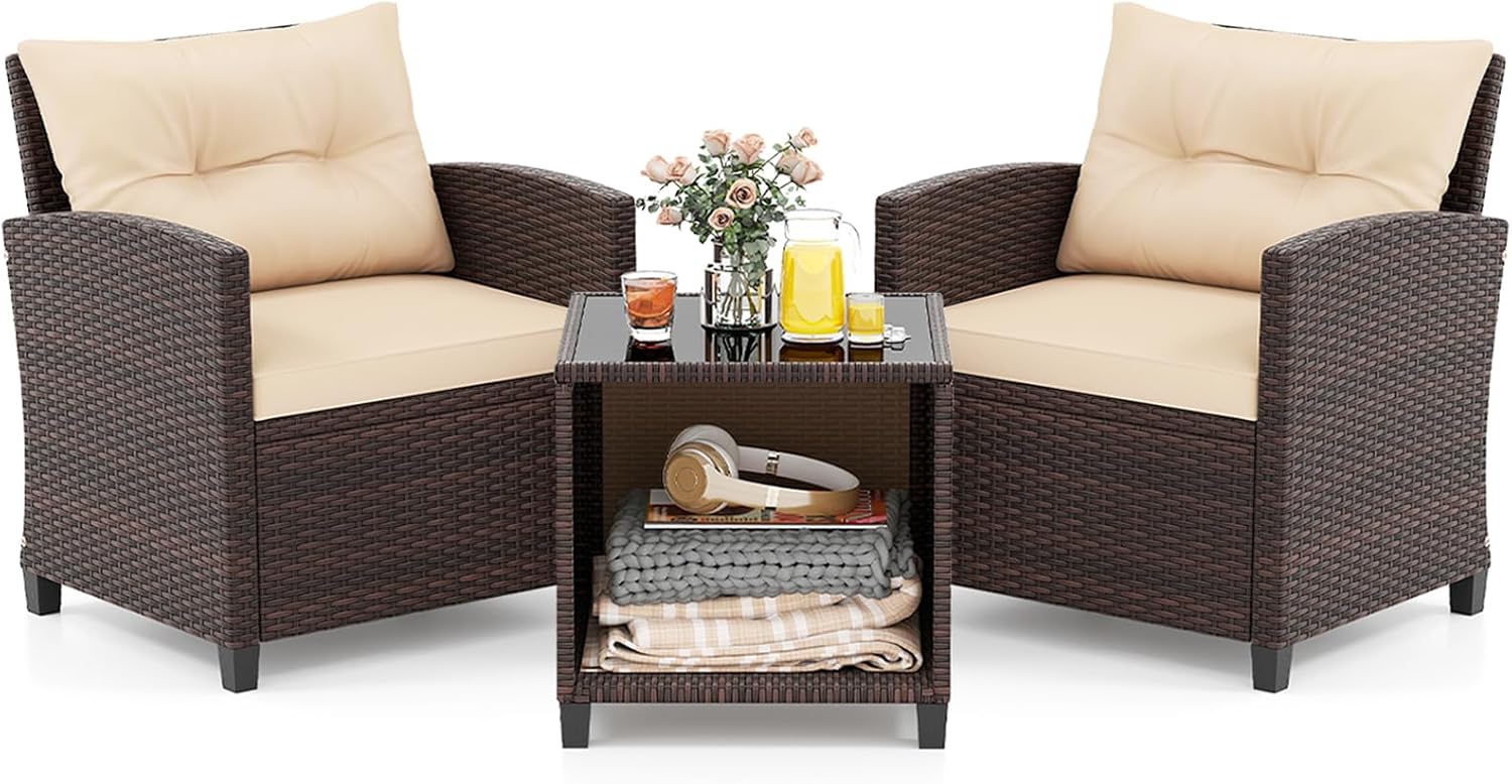 KOTEK 3 Piece Patio Furniture Set, Outdoor Conversation Set with Washable Cushions & Storage Table, PE Rattan Wicker Bistro Set for Porch, Backyard, Balcony (Beige)