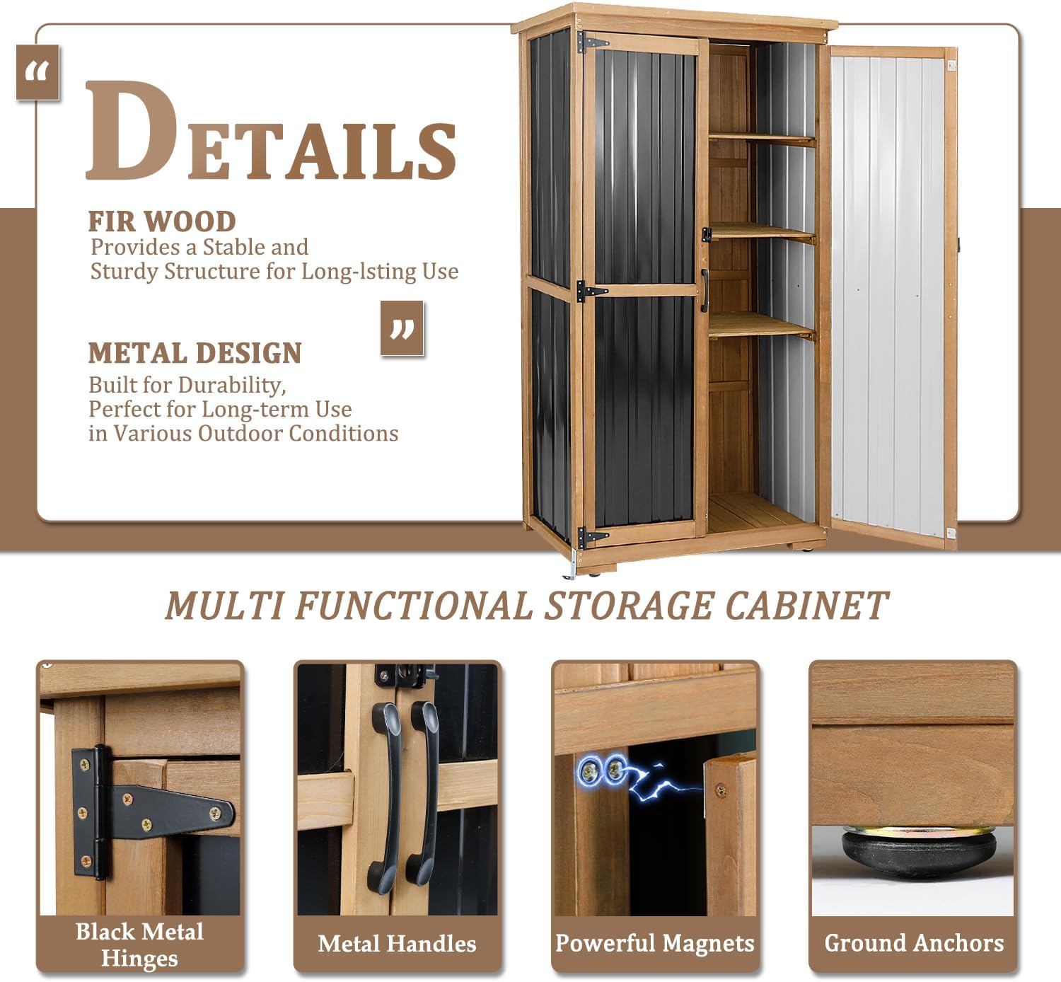 PetsCosset Outdoor Storage Cabinet, Wood & Metal Storage Shed with Weather-Resistant Roof, Removable Shelves, Lockable Doors, Outside Storage Tool Organizer for Garden, Patio, Backyard, Garage, Pool