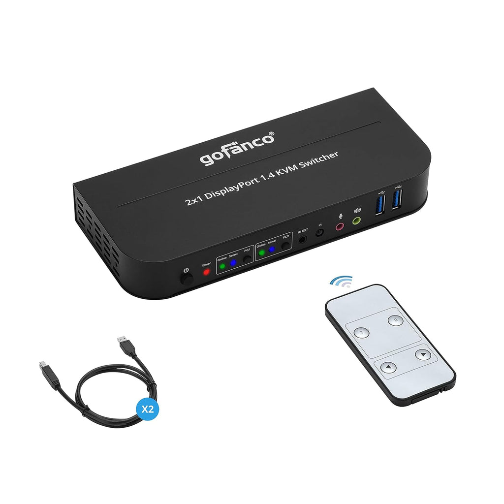 gofanco 2 Port 4K 60HZ DisplayPort KVM Switch with USB 3.0 – DisplayPort 1.4, 4K @60Hz 4:4:4, HDR, HDCP 2.2/1.4, USB Keyboard/Mouse, USB 3.0 Hub, MIC in, Stereo Out, IR Remote, Hotkeys (KVMDP-2P)