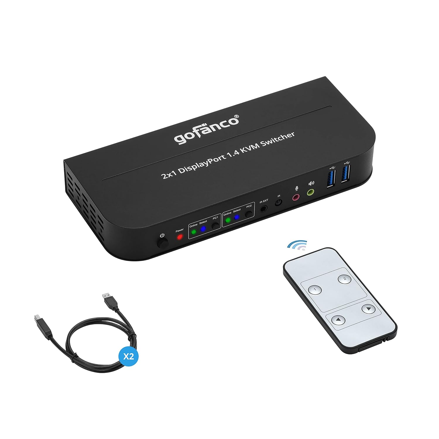 gofanco 2 Port 4K 60HZ DisplayPort KVM Switch with USB 3.0 – DisplayPort 1.4, 4K @60Hz 4:4:4, HDR, HDCP 2.2/1.4, USB Keyboard/Mouse, USB 3.0 Hub, MIC in, Stereo Out, IR Remote, Hotkeys (KVMDP-2P)