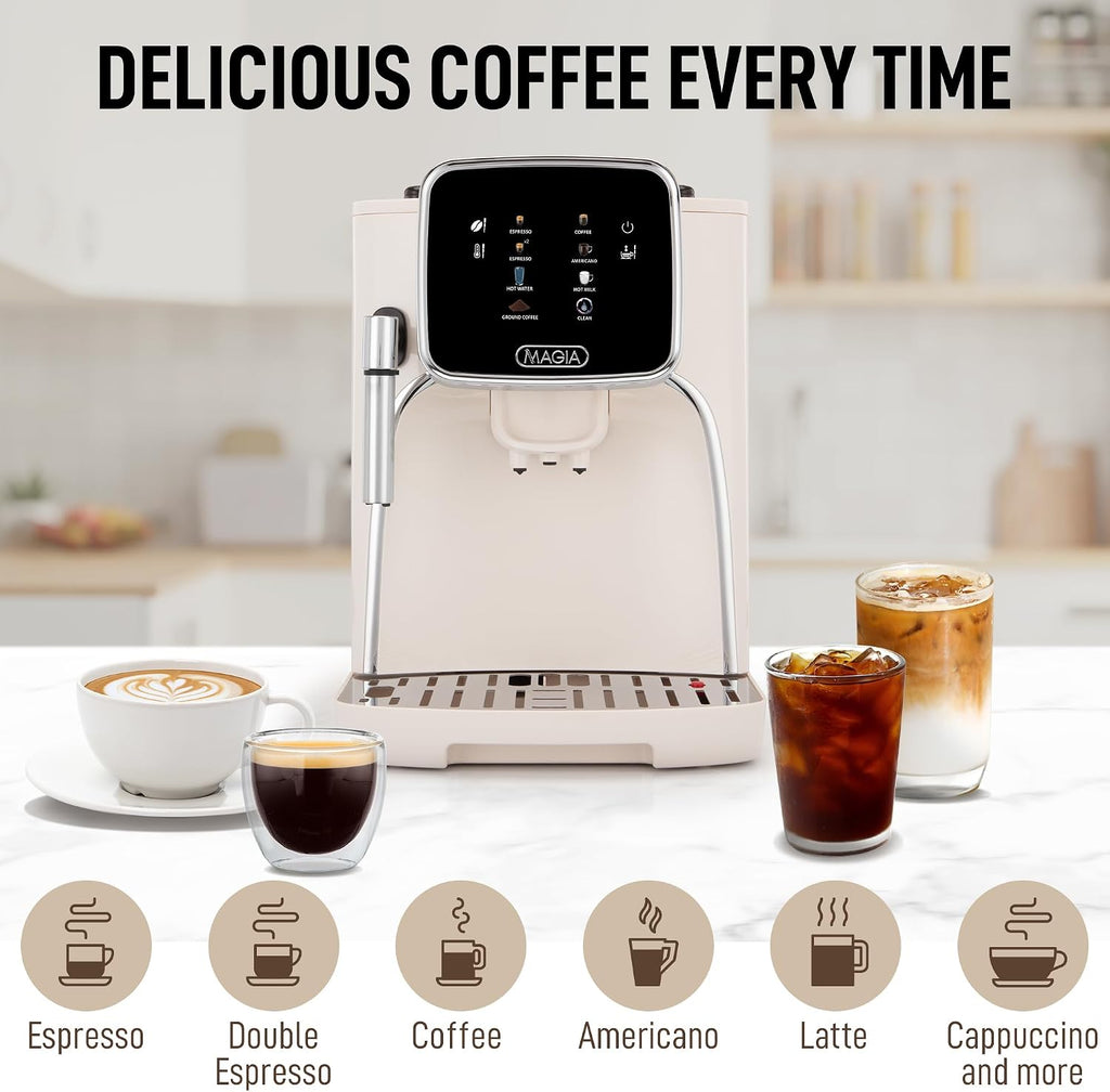 Zulay Kitchen Magia Clasica Automatic Espresso Machine with Built-In Grinder, Touch Panel Coffee Maker, Steam Wand Milk Frother, Adjustable Strength, Self-Cleaning, Cream & Silver (13' x 17.7' x 9.4')