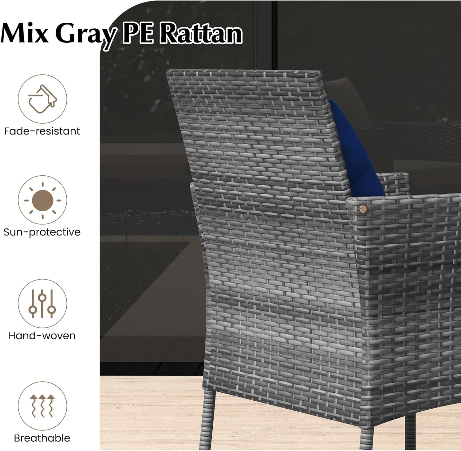 RELAX4LIFE 3-Piece Patio Furniture Set - Rattan Wicker Outdoor Furniture w/Cushions & Tempered Glass Coffee Table, Small Conversation Bistro Table and Chairs Set of 2 for Garden Porch Balcony (Navy)