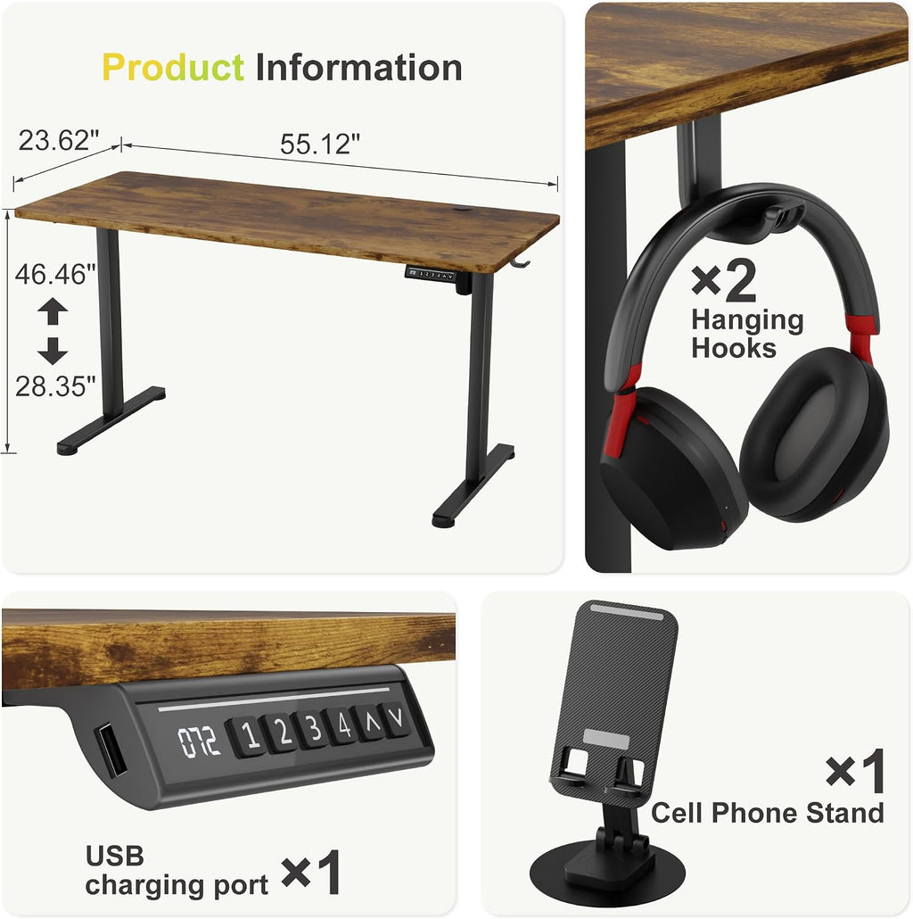 Furmax Electric Standing Desk, 55 x 24 Inches Sit Stand up Desk, Sit Stand Height Adjustable Home Office Desk with 4 Height Position Memory (Rustic Brown, 55)