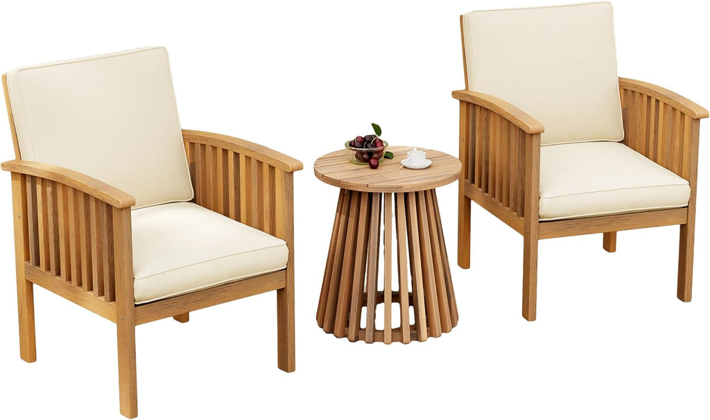 Christopher Knight Home Kiin 3 Pieces Outdoor Patio Furniture Set, Acacia Wood Patio Conversation Set, Side Table and Club Chairs with Cushion for Garden Backyard Balcony, Brown + Cream + Light Teak