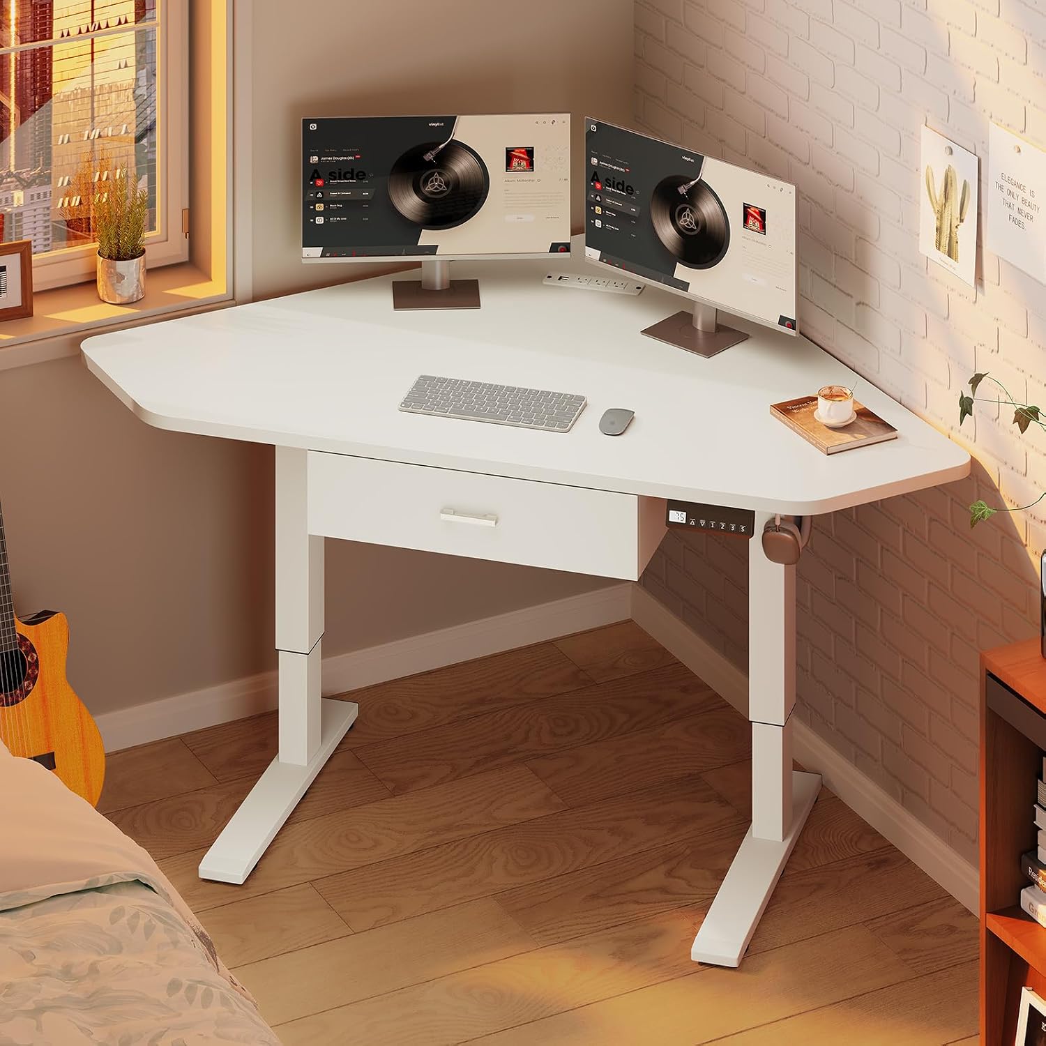 SEDETA Corner Standing Desk, 32'' Small Height Adjustable Electric Computer Desk with Drawer for Gaming, Small Space, Stand up Home Office Study Writing Desk, White