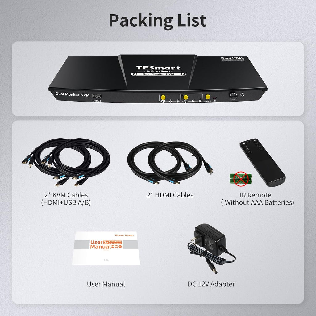 TESmart PAP KVM Switch 2 Monitors 2 Computers HDMI 4K@30Hz, Multi-Viewer Dual Monitor KVM Switch Extended Display EDID emulators, Audio&Microphone, Hotkey Switch, PC Keyboard Mouse Switcher Box Cables