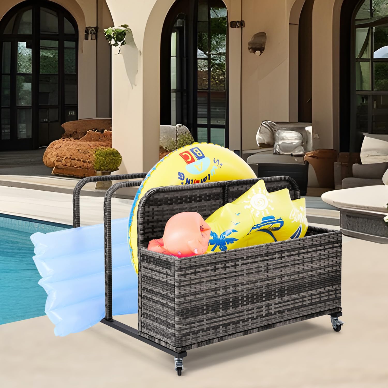 Poolside Float Storage Organizer, Pool Toy Storage Holder with Wicker Basket Outdoor Pool Float Holder Storage Rack Rolling Pool Caddy Cart Raft Holder Storage Rack for Pool Noodles Equipment Grey