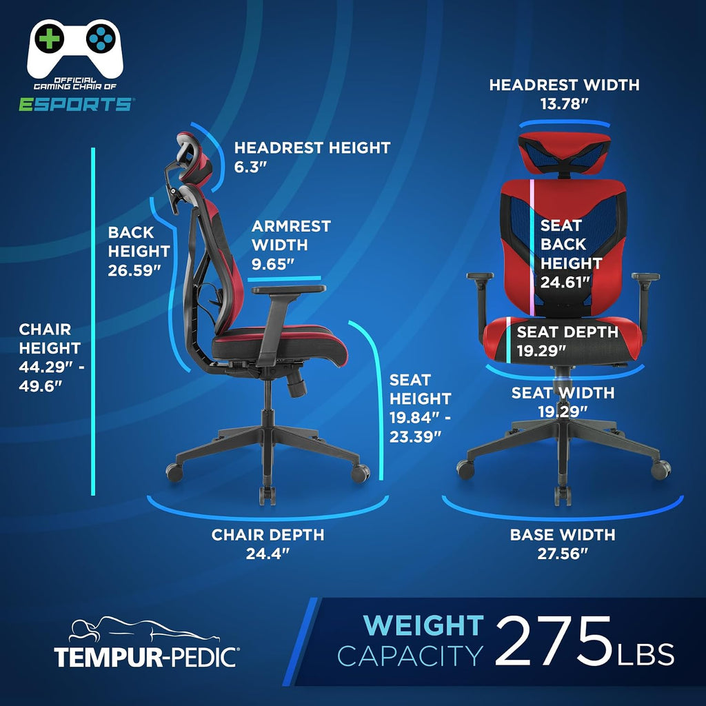 Tempur-Pedic Blaze Auto-Adaptive Ergonomic Gaming Chair with Lumbar Support and 3D Armrest Adjustment, Cooling Racing Style Gaming Chair, Red