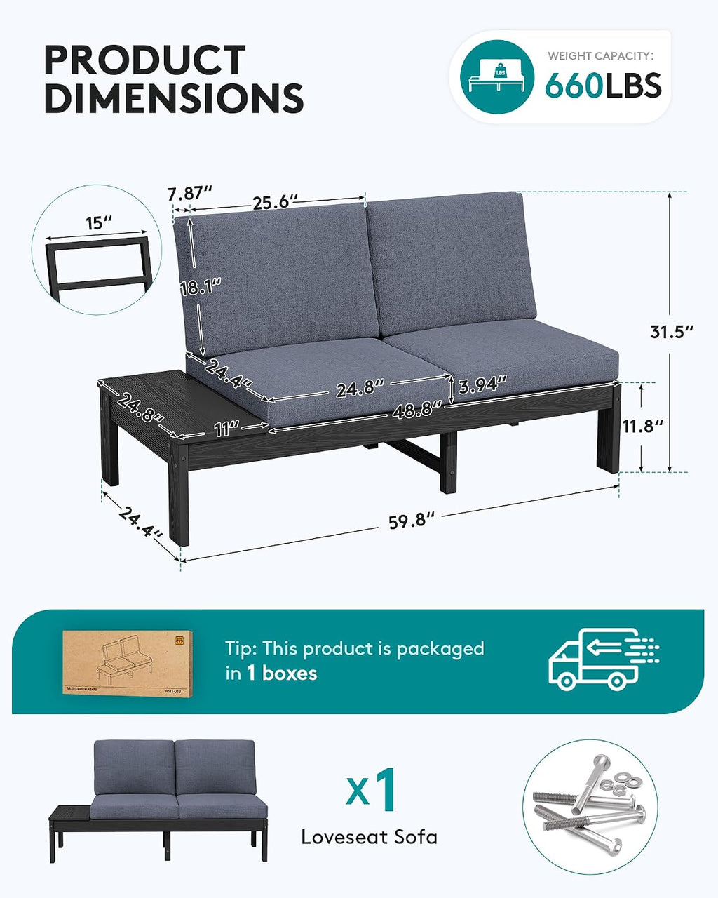 SERWALL HDPE Outdoor Furniture Set, 2 Seats Outdoor Sectional with Coffee Table, All Weather Patio Sofas, Outdoor Conversation Sets with Adjustable Backrest Sofa for Backyard, Garden, Black with Grey