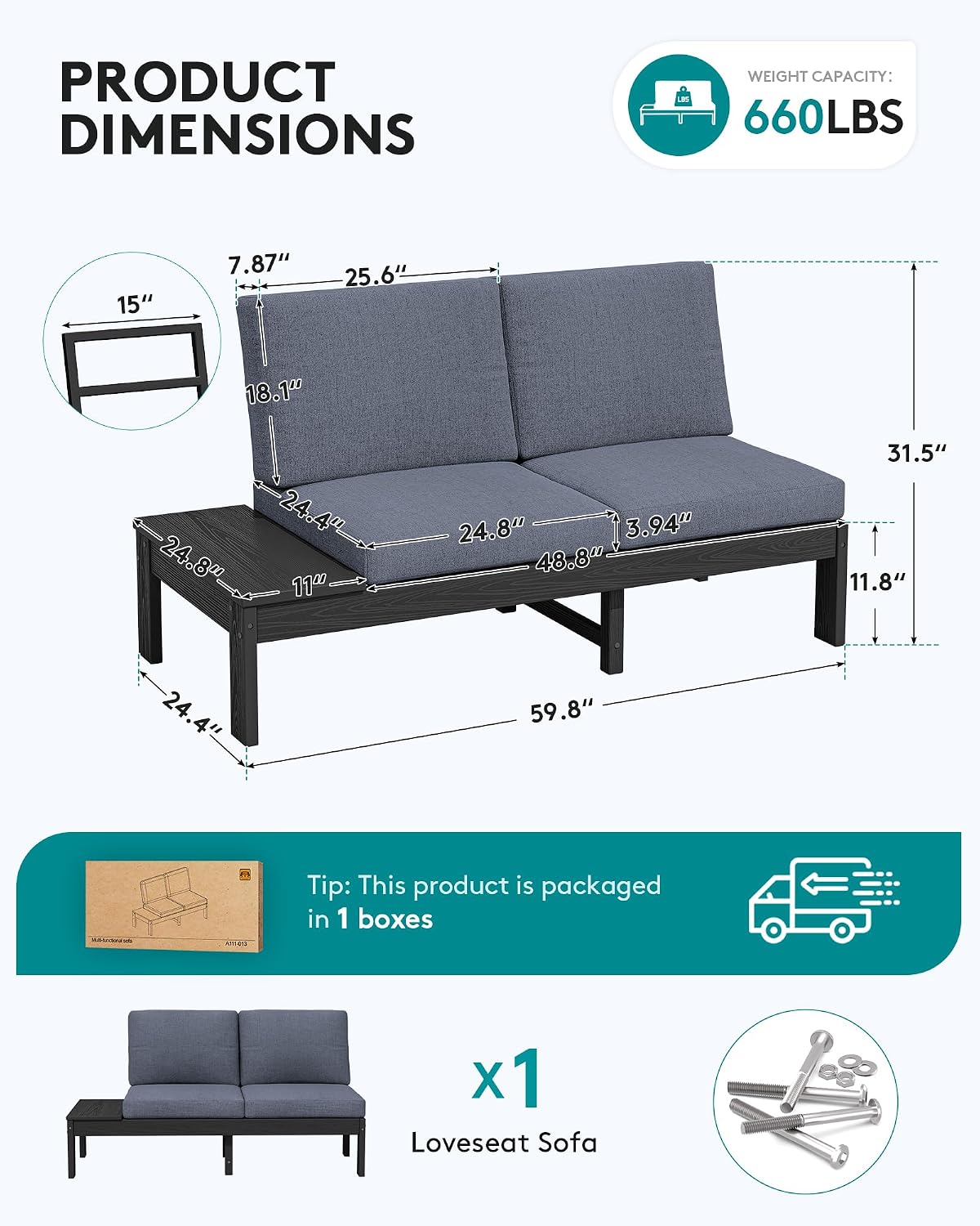 SERWALL HDPE Outdoor Furniture Set, 2 Seats Outdoor Sectional with Coffee Table, All Weather Patio Sofas, Outdoor Conversation Sets with Adjustable Backrest Sofa for Backyard, Garden, Black with Grey