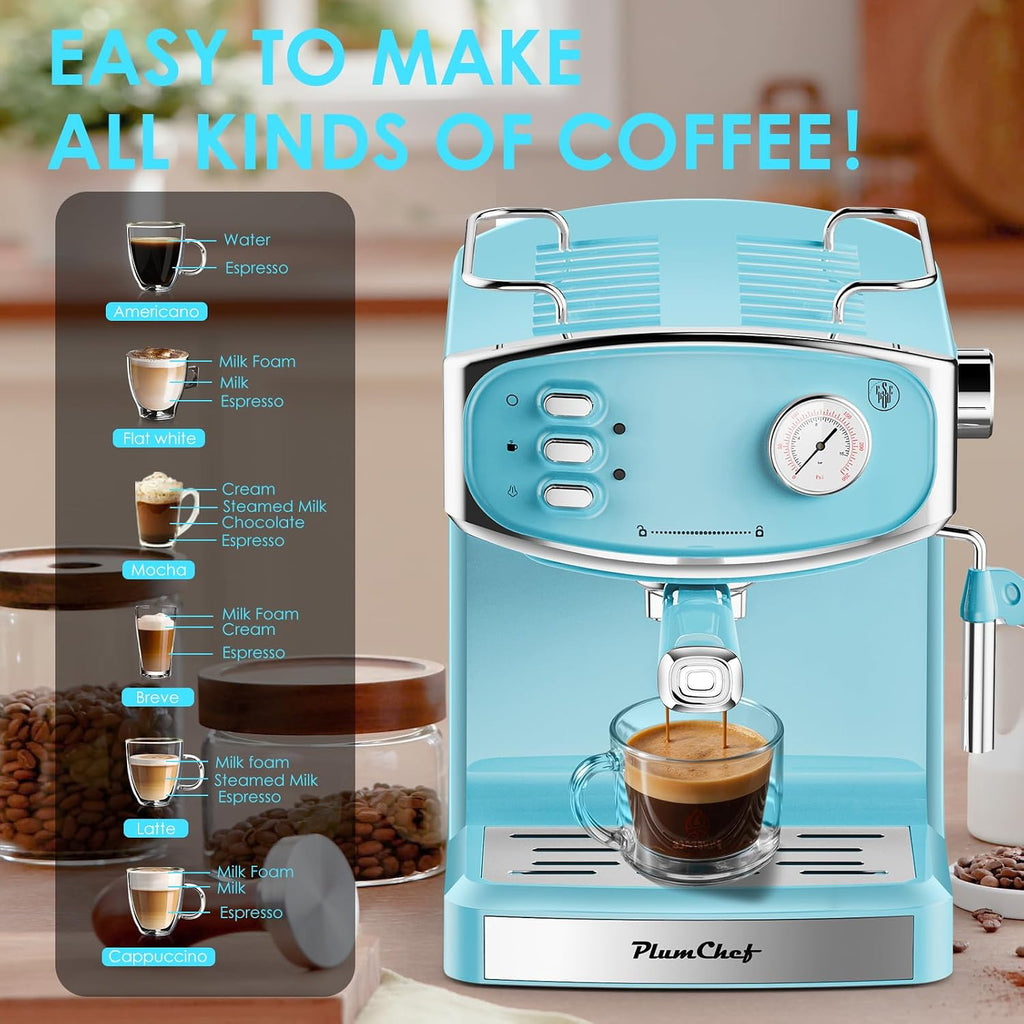 Plum chef 20 Bar Espresso Machine for home- Professional Compact Espresso Maker with Milk Frother Steam Wand, Pressure Gauge & 54oz Large Water Tank, Low Noise Fast Brewing for Cappuccino, Latte