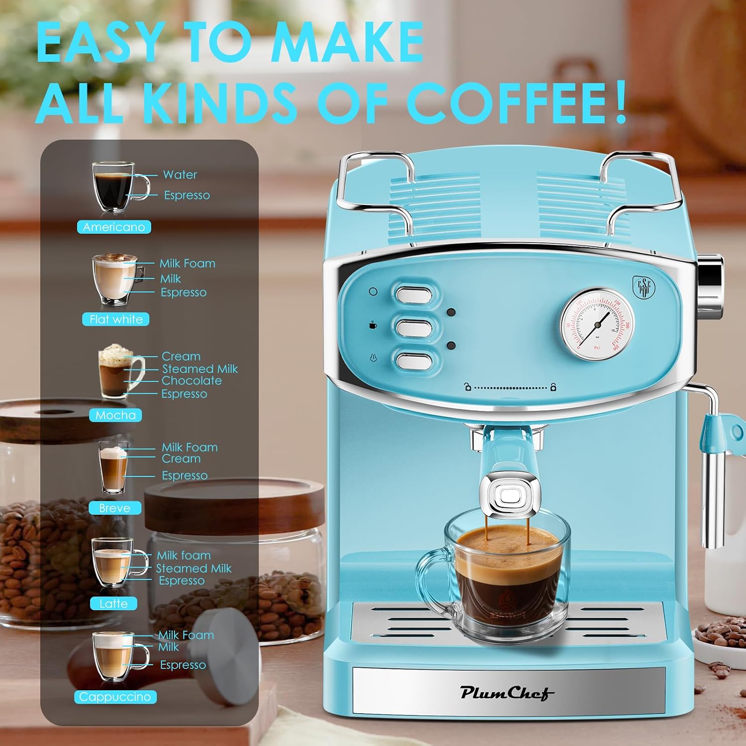 Plum chef 20 Bar Espresso Machine for home- Professional Compact Espresso Maker with Milk Frother Steam Wand, Pressure Gauge & 54oz Large Water Tank, Low Noise Fast Brewing for Cappuccino, Latte